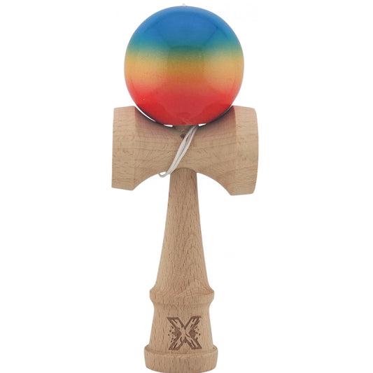 Kendama X Originala, Profesionala, Klevo, Super Sticky din Lemn, 18 cm, Gradient Rosu/Galben/Albastru