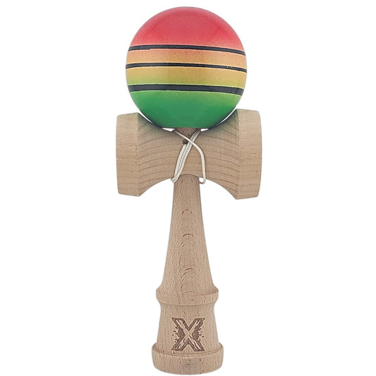 Kendama X Originala, Profesionala, Klevo, Super Sticky, din Lemn, 18 cm, Gradient Rosu/Galben/Verde
