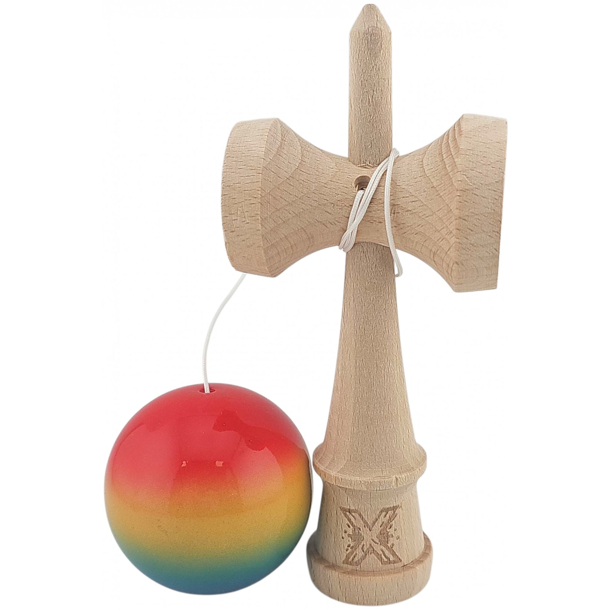 Kendama X Originala, Profesionala, Klevo, Super Sticky din Lemn, 18 cm, Gradient Roz/Galben/Albastru