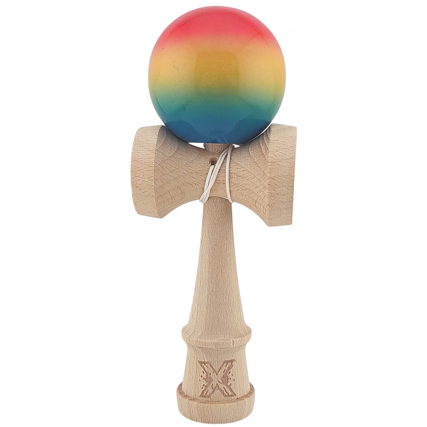 Kendama X Originala, Profesionala, Klevo, Super Sticky din Lemn, 18 cm, Gradient Roz/Galben/Albastru