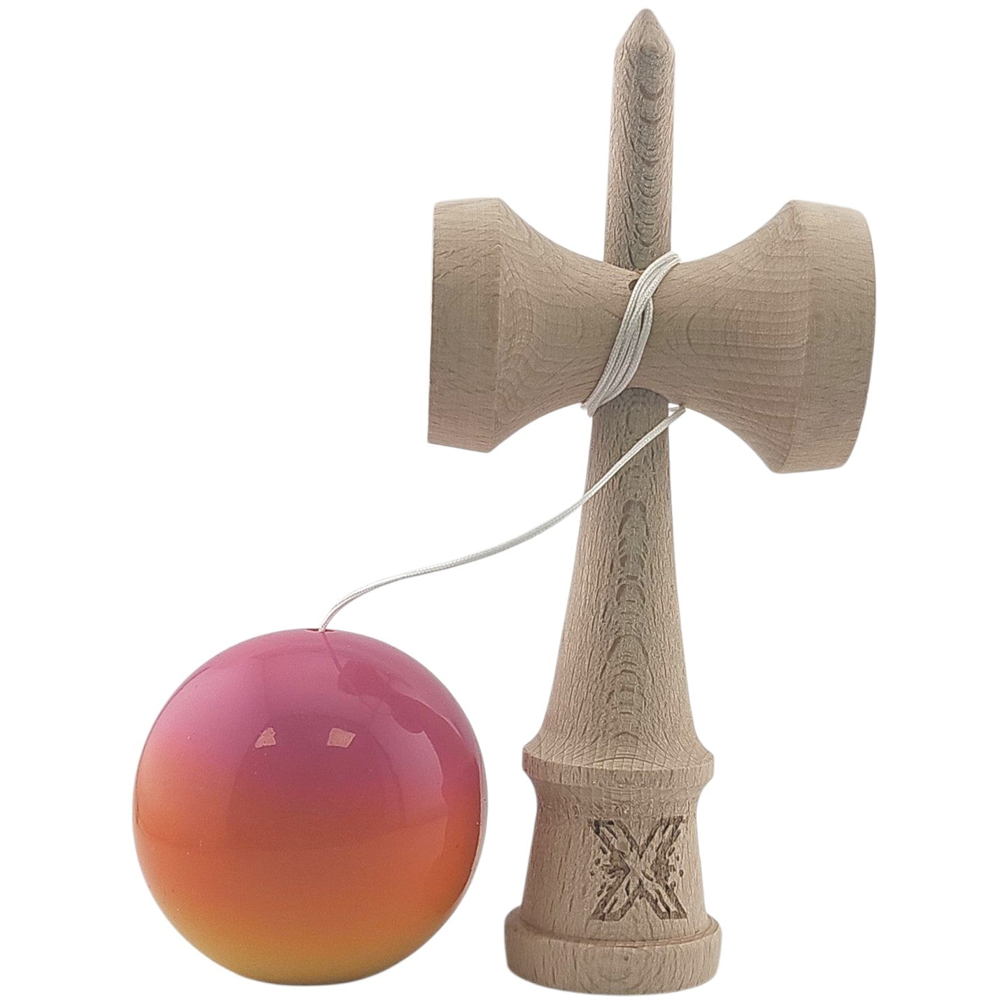 Kendama X Originala, Profesionala, Klevo, Super Sticky, din Lemn, 18 cm, Roz, Portocaliu, Galben