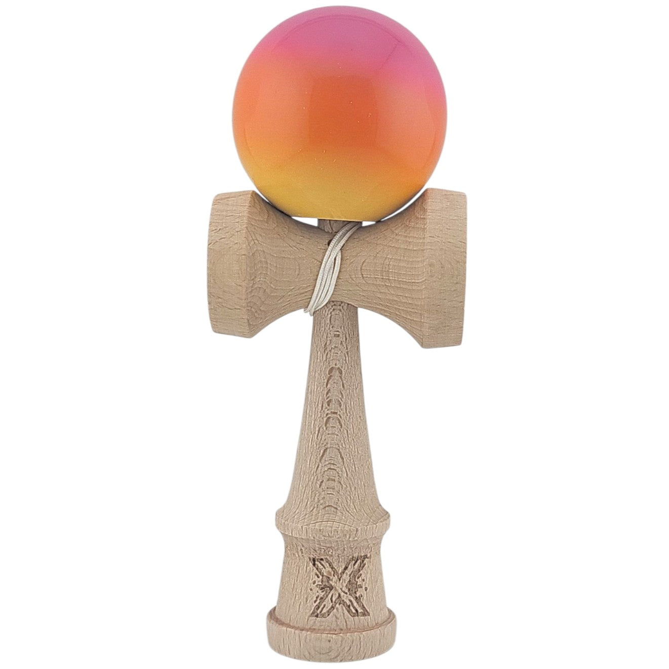 Kendama X Originala, Profesionala, Klevo, Super Sticky, din Lemn, 18 cm, Roz, Portocaliu, Galben