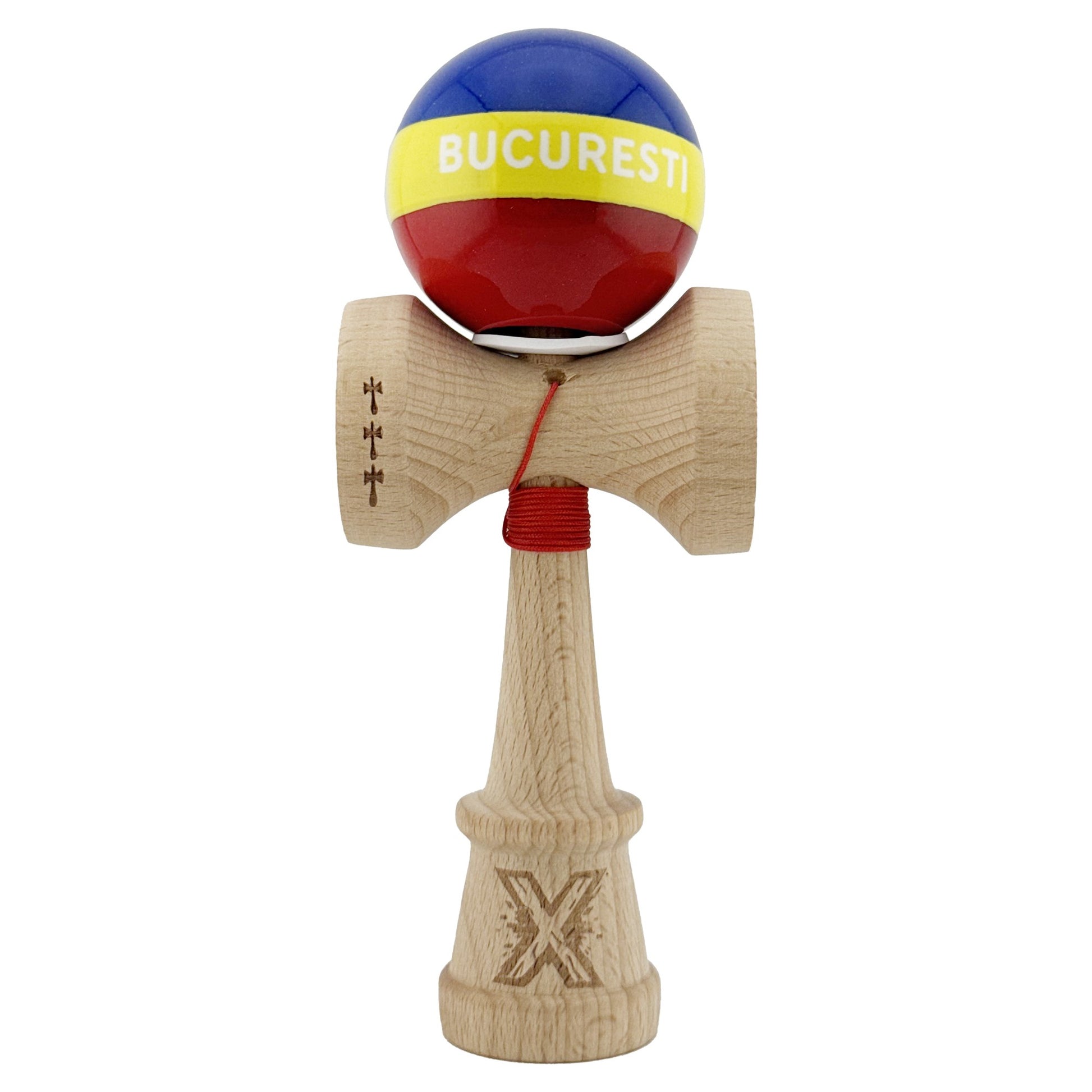 Kendama X Originala, Profesionala, Klevo, Tricolor Edition BUCURESTI, Super Sticky cu Cupe Mari KING SIZE V3, Rulment Metalic si Gaura in Baza, din Lemn 18 cm, Ata 62/65 cm, Multicolor