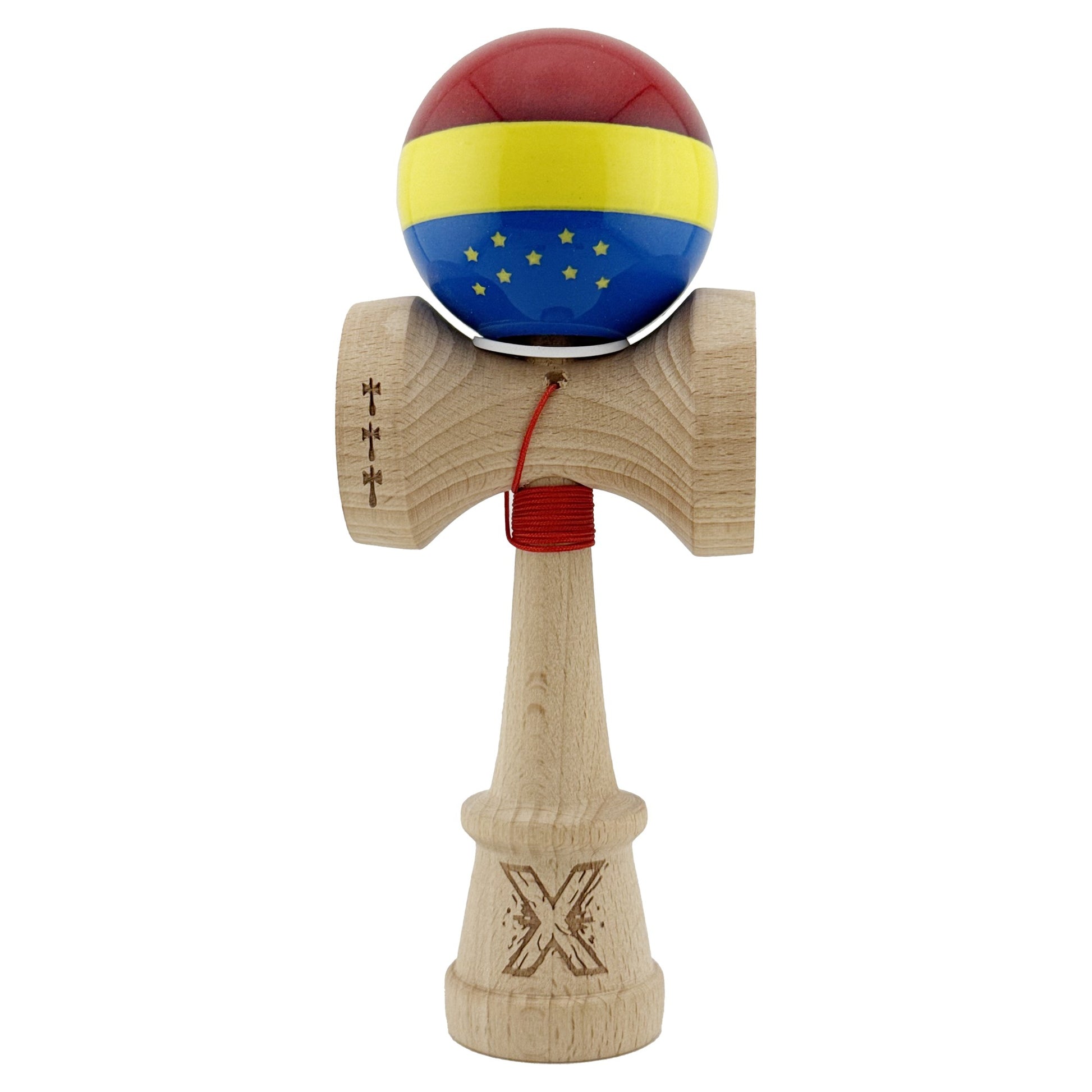 Kendama X Originala, Profesionala, Klevo, Tricolor Edition cu Stele, Super Sticky cu Cupe Mari KING SIZE V3, Rulment Metalic si Gaura in Baza, din Lemn 18 cm, Ata 62/65 cm, Multicolor
