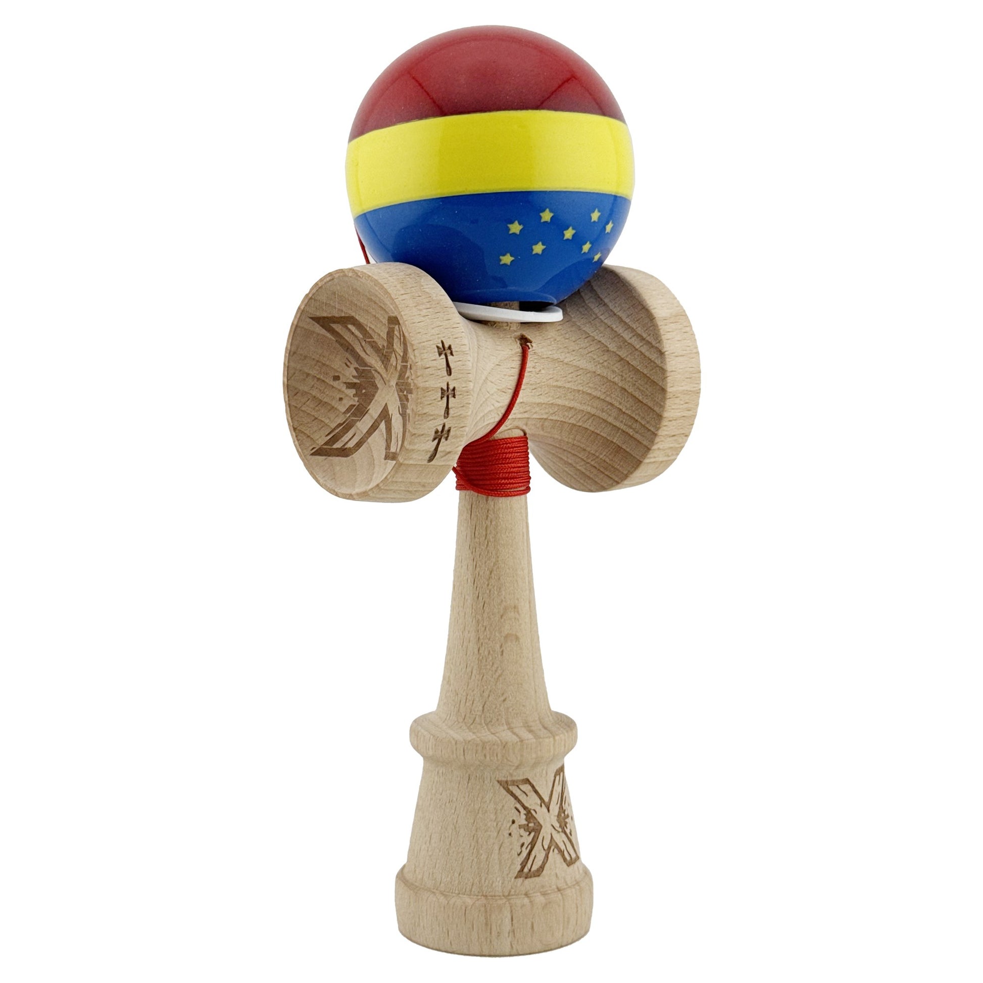 Kendama X Originala, Profesionala, Klevo, Tricolor Edition cu Stele, Super Sticky cu Cupe Mari KING SIZE V3, Rulment Metalic si Gaura in Baza, din Lemn 18 cm, Ata 62/65 cm, Multicolor