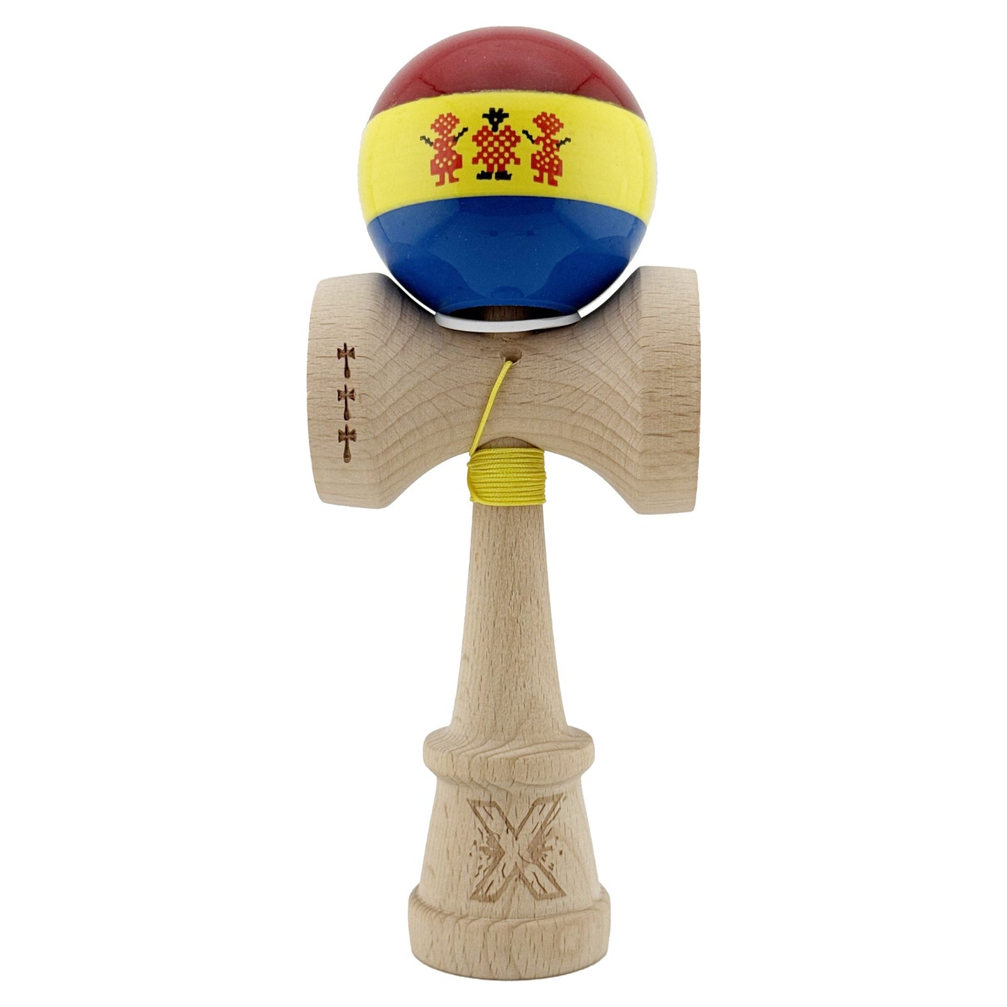 Kendama X Originala, Profesionala, Klevo, Tricolor Edition Stil Romanesc, Super Sticky cu Cupe Mari KING SIZE V3, Rulment Metalic si Gaura in Baza, din Lemn 18 cm, Ata 62/65 cm, Multicolor