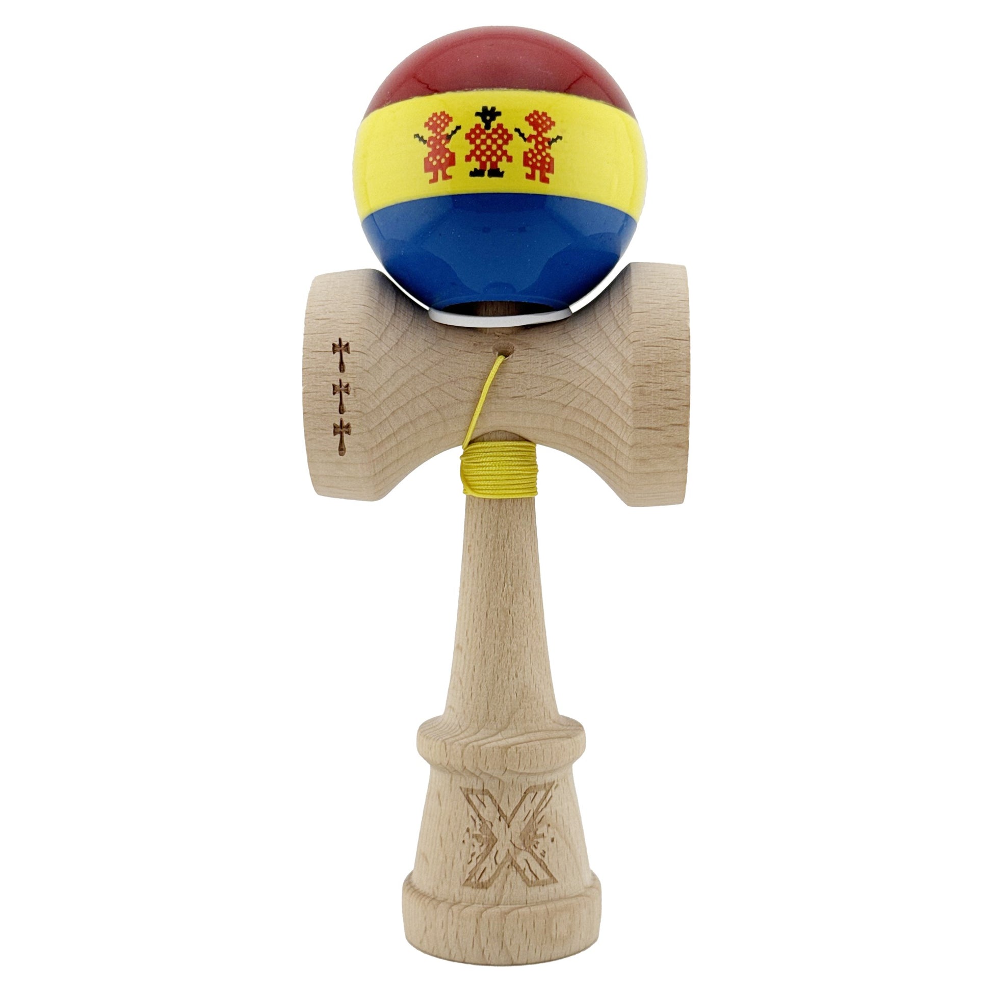 Kendama X Originala, Profesionala, Klevo, Tricolor Edition Stil Romanesc, Super Sticky cu Cupe Mari KING SIZE V3, Rulment Metalic si Gaura in Baza, din Lemn 18 cm, Ata 62/65 cm, Multicolor