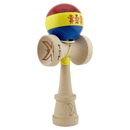 Kendama X Originala, Profesionala, Klevo, Tricolor Edition Stil Romanesc, Super Sticky cu Cupe Mari KING SIZE V3, Rulment Metalic si Gaura in Baza, din Lemn 18 cm, Ata 62/65 cm, Multicolor
