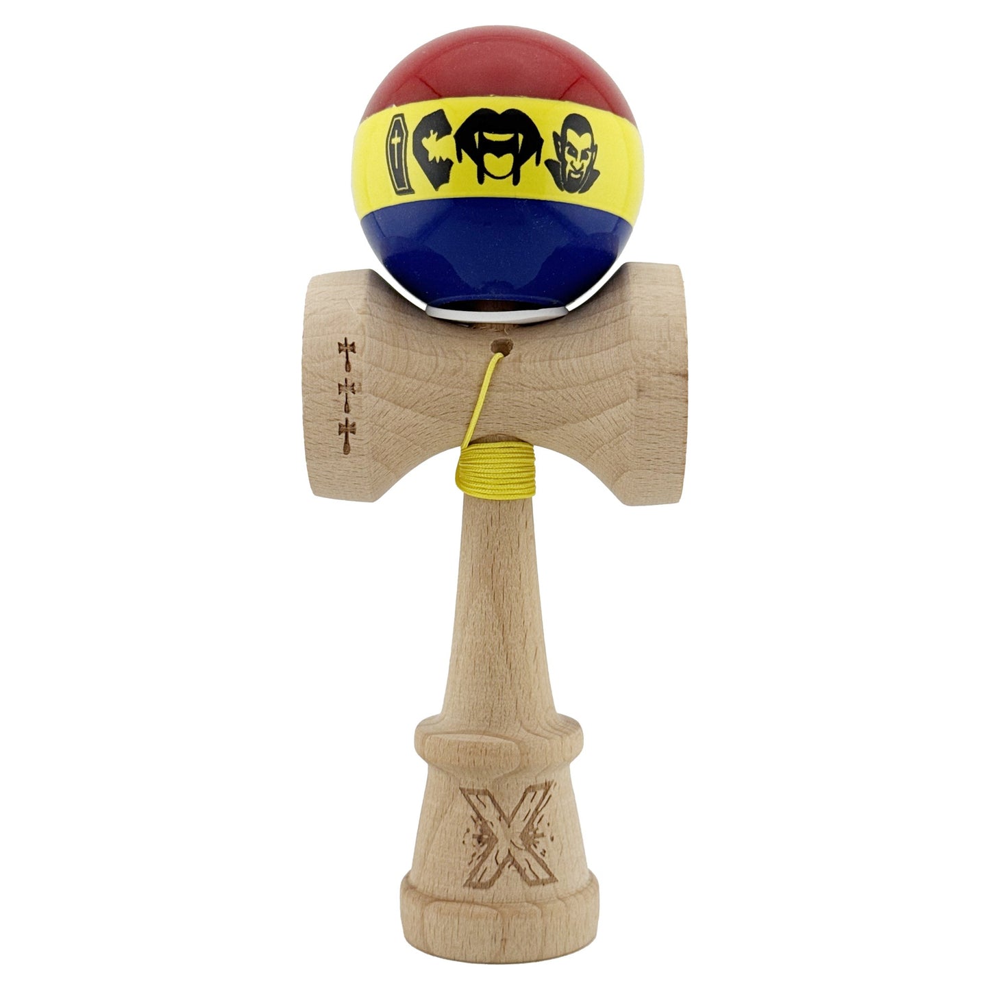 Kendama X Originala, Profesionala, Klevo, Tricolor Edition Vampir Dracula, Super Sticky cu Cupe Mari KING SIZE V3, Rulment Metalic si Gaura in Baza, din Lemn 18 cm, Ata 62/65 cm, Multicolor