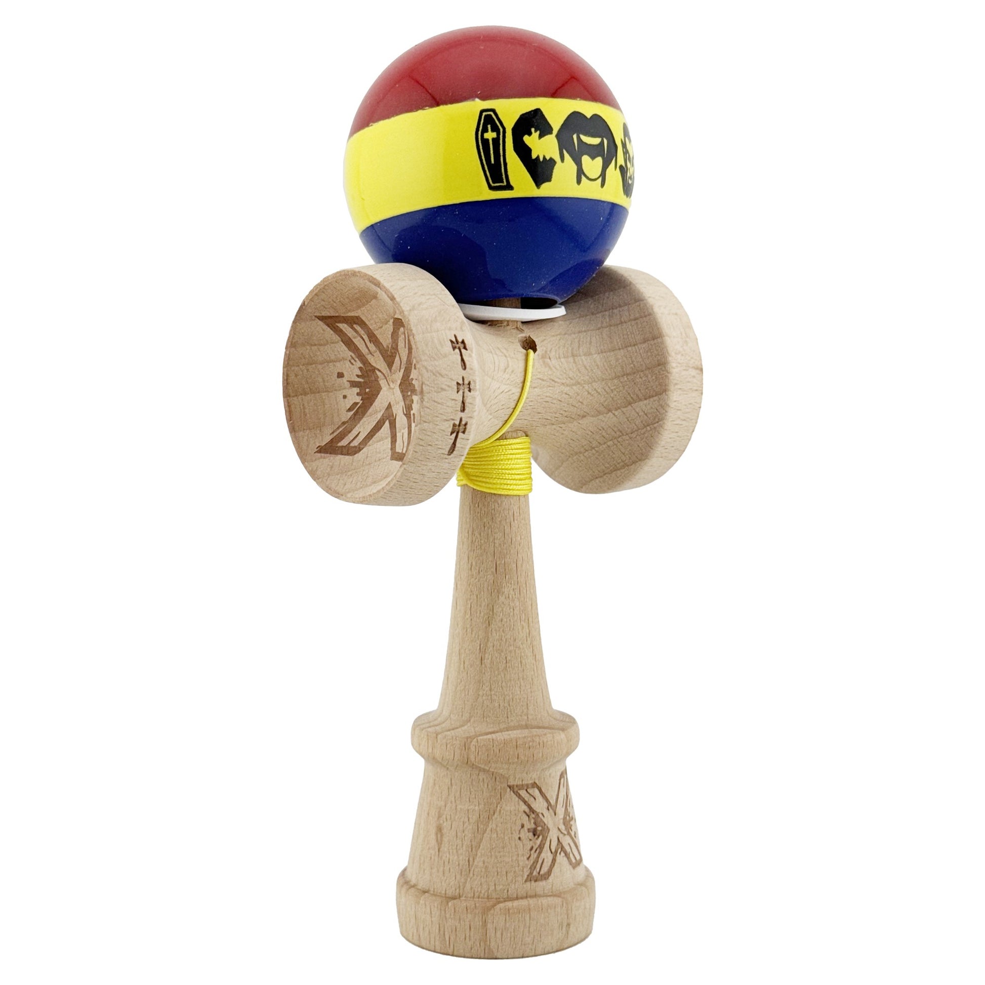Kendama X Originala, Profesionala, Klevo, Tricolor Edition Vampir Dracula, Super Sticky cu Cupe Mari KING SIZE V3, Rulment Metalic si Gaura in Baza, din Lemn 18 cm, Ata 62/65 cm, Multicolor