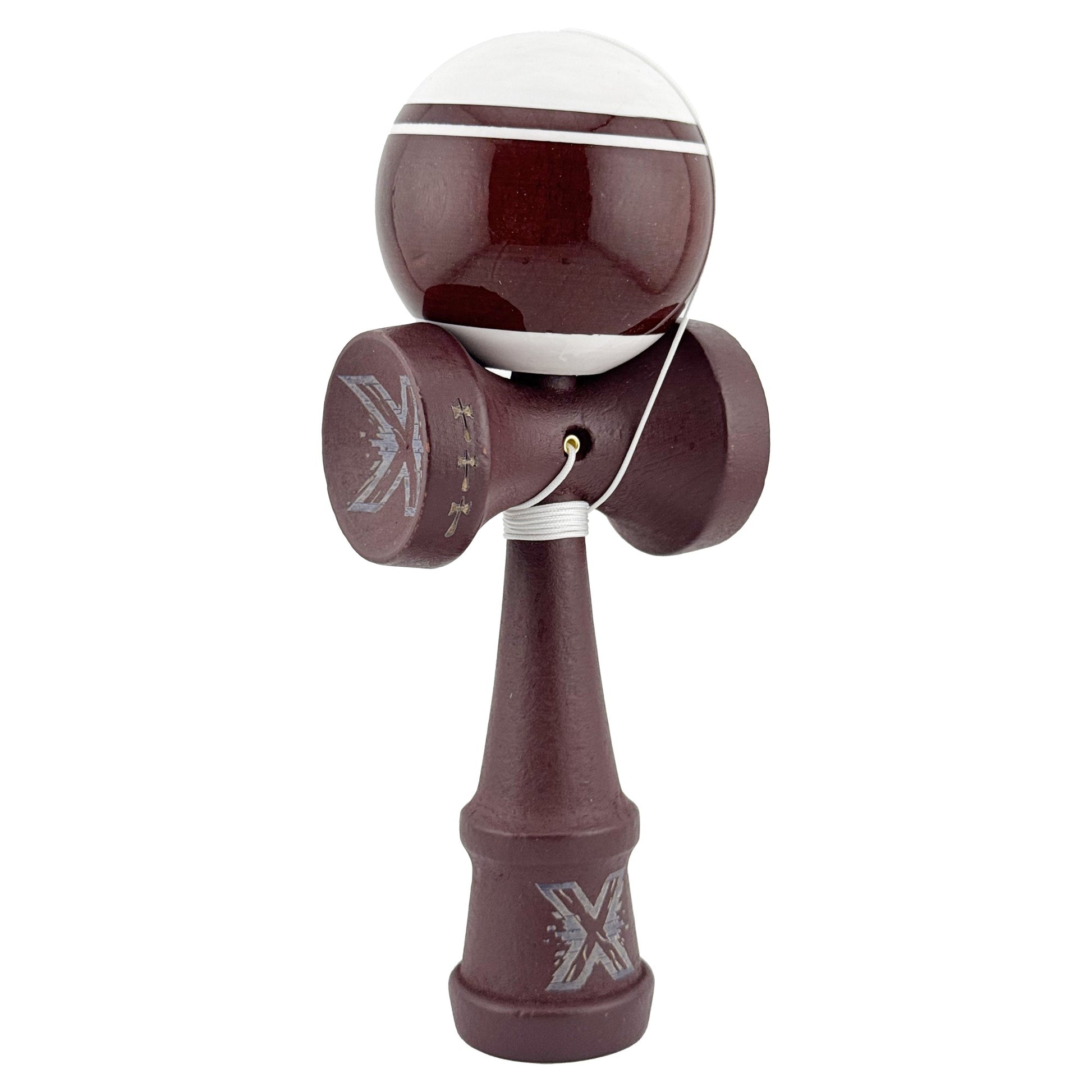 Kendama X Originala, Profesionala, Klevo, Super Sticky Legendary, Rulment Metalic cu Ata 55 cm, Alb/Maro