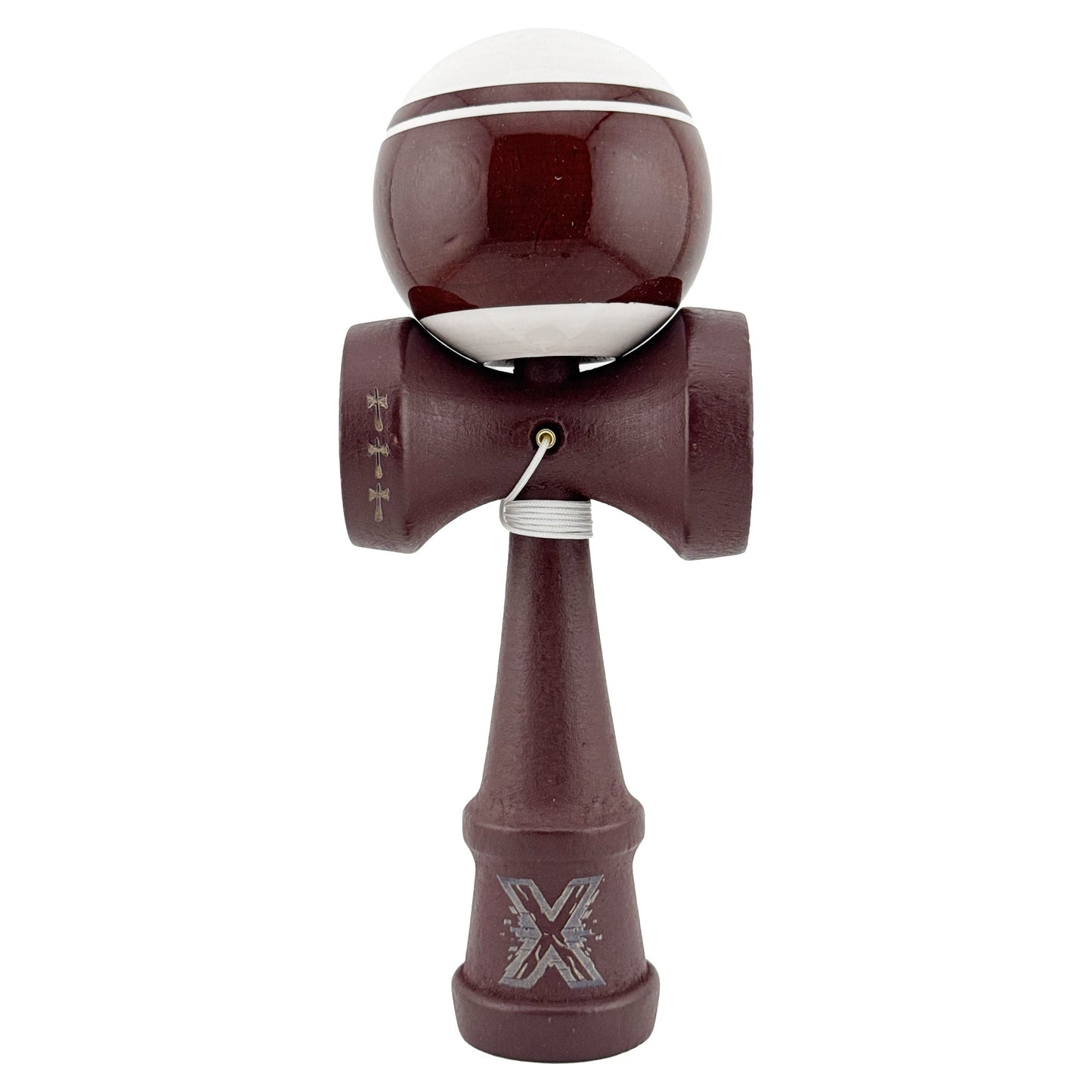 Kendama X Originala, Profesionala, Klevo, Super Sticky Legendary, Rulment Metalic cu Ata 55 cm, Alb/Maro