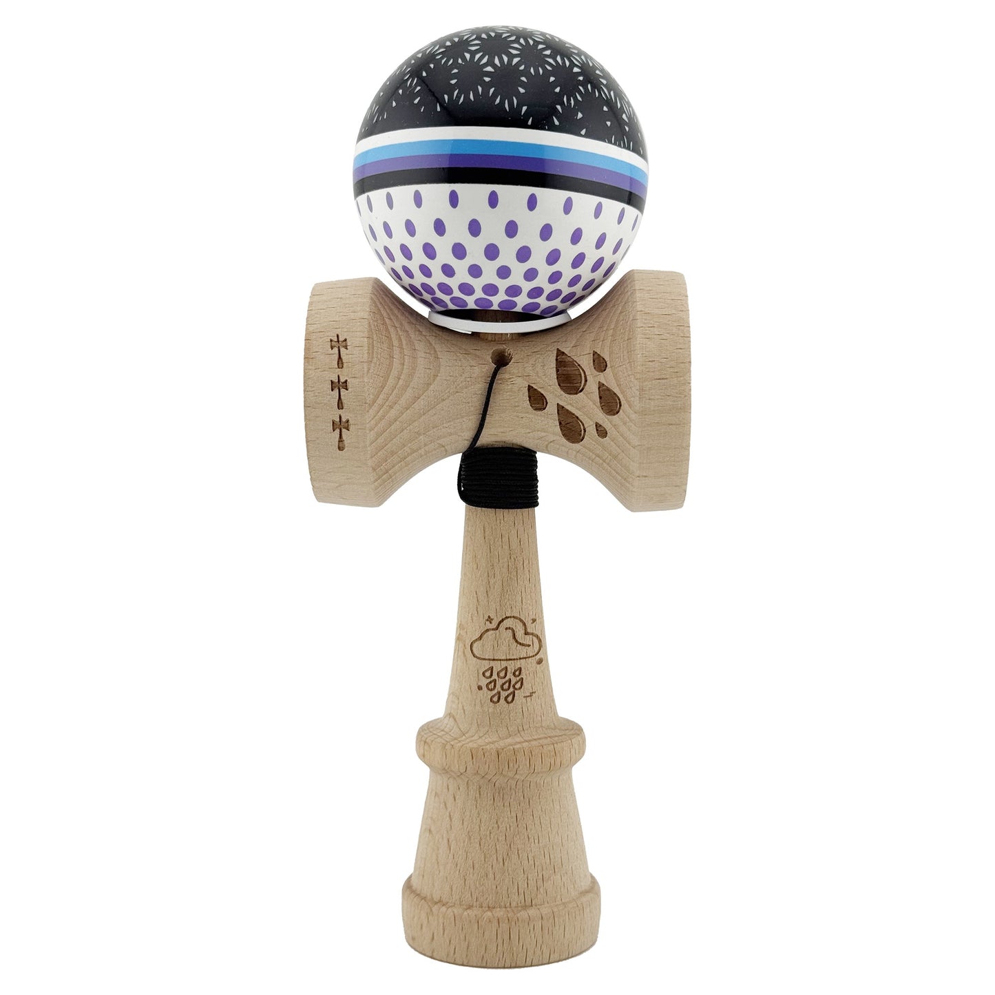 Kendama X Originala, Profesionala, Klevo, RAINDROPS, Super Sticky cu Cupe Mari KING SIZE V3, Gaura in Baza, Rulment Metalic, din lemn 18 cm, Ata 62/65 cm, Alb/Negru/Mov