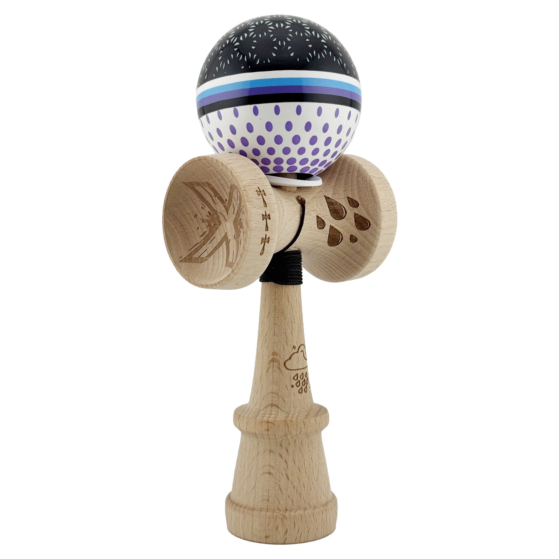 Kendama X Originala, Profesionala, Klevo, RAINDROPS, Super Sticky cu Cupe Mari KING SIZE V3, Gaura in Baza, Rulment Metalic, din lemn 18 cm, Ata 62/65 cm, Alb/Negru/Mov