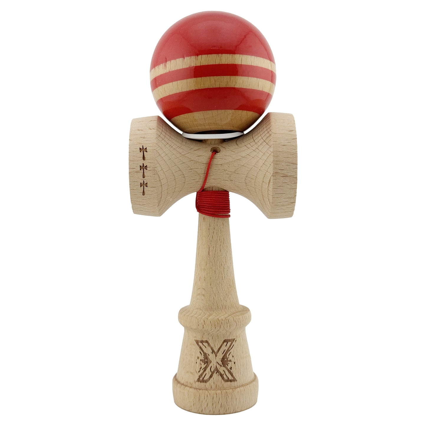 Kendama X Originala RAINBOW, Profesionala, Klevo, Cupe Mari KING SIZE V3, Super Sticky, Gaura in Baza, Rulment Metalic, din lemn 18 cm, Ata 62/65 cm, Rosu/Maro