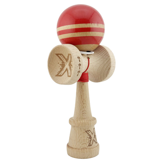 Kendama X Originala RAINBOW, Profesionala, Klevo, Cupe Mari KING SIZE V3, Super Sticky, Gaura in Baza, Rulment Metalic, din lemn 18 cm, Ata 62/65 cm, Rosu/Maro
