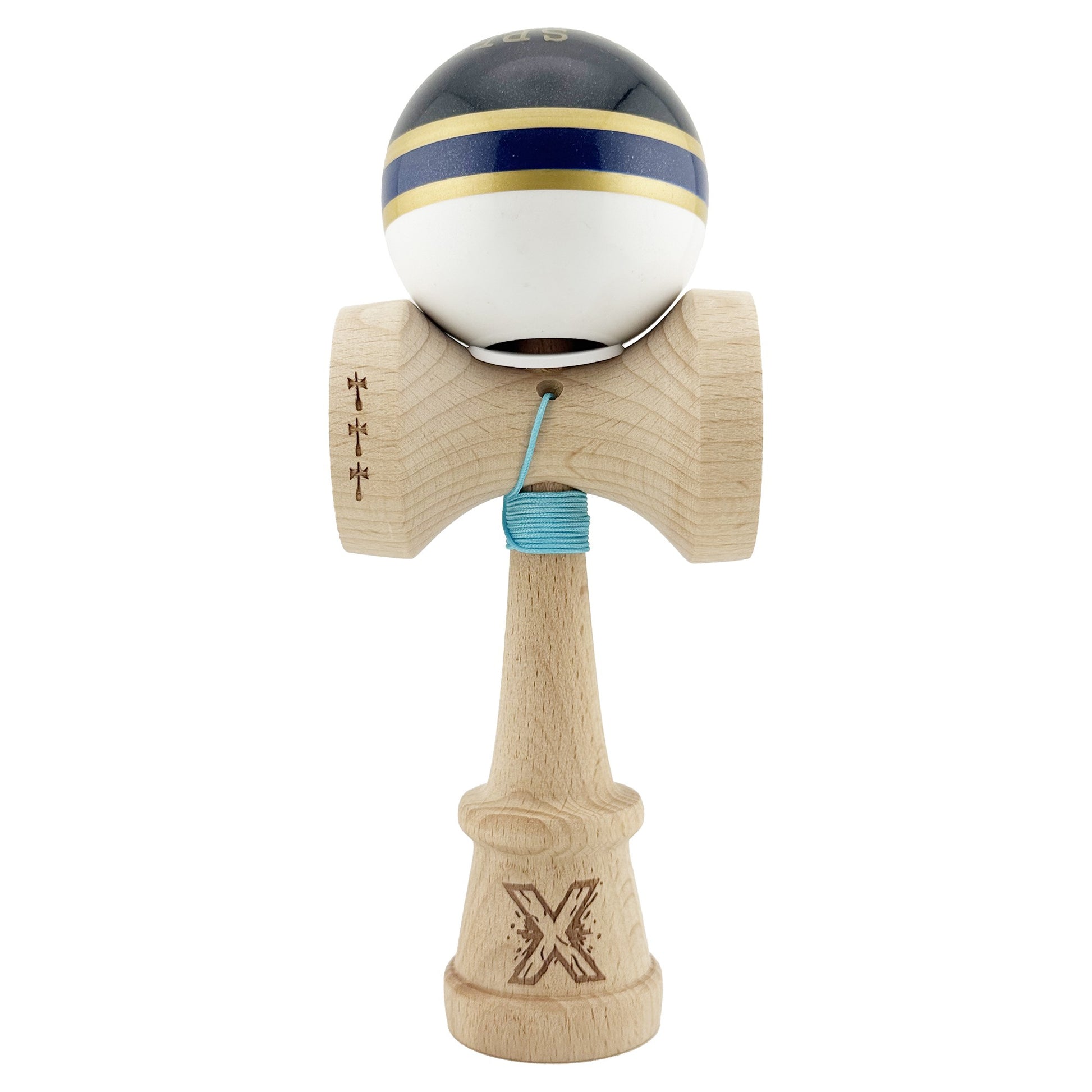 Kendama X Originala ROYAL SPIKE, Profesionala, Klevo, Cupe Mari KING SIZE V3, Super Sticky, Gaura in Baza, Rulment Metalic, din lemn 18 cm, Ata 62/65 cm, Inel Albastru inchis