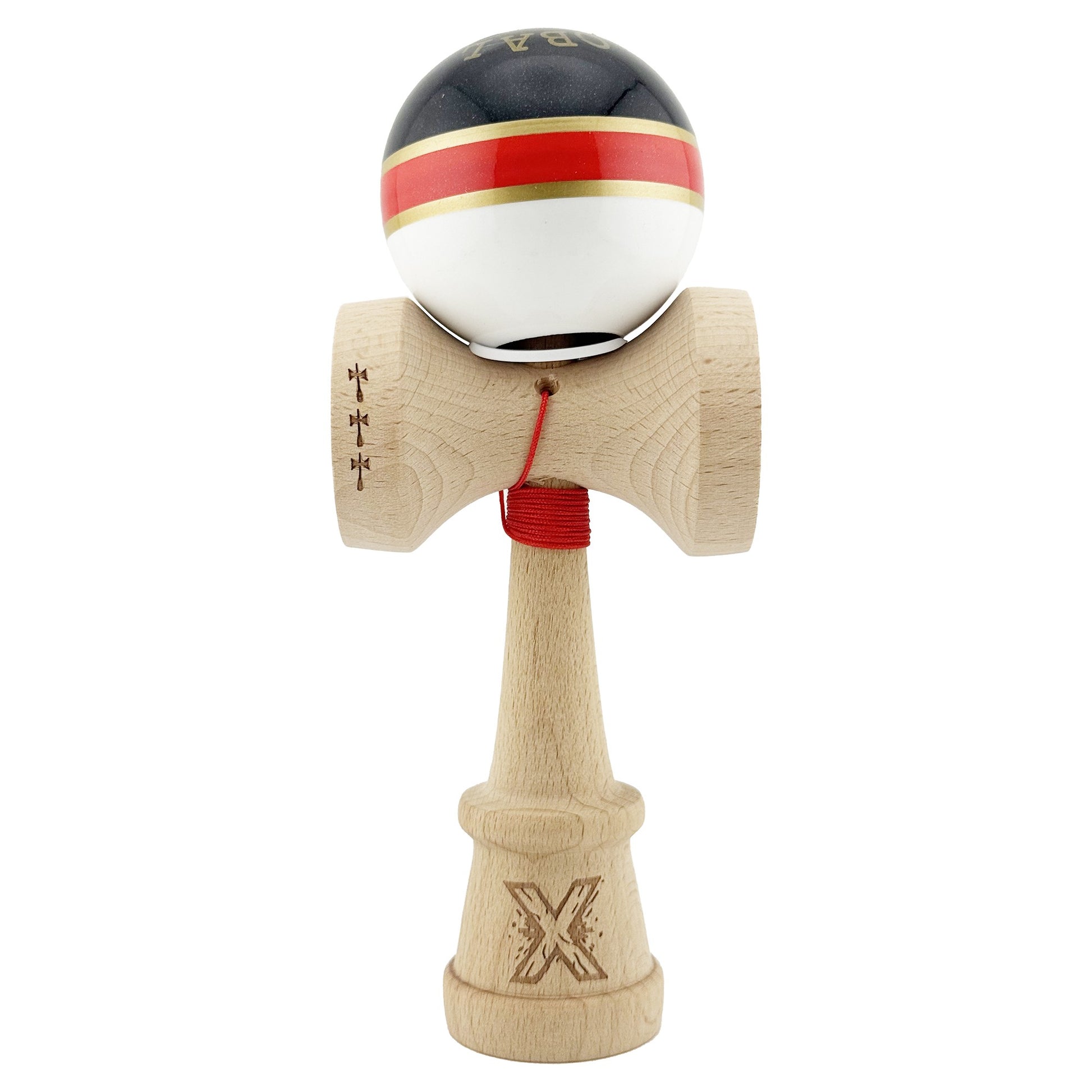 Kendama X Originala ROYAL SPIKE, Profesionala, Klevo, Cupe Mari KING SIZE V3, Super Sticky, Gaura in Baza, Rulment Metalic, din lemn 18 cm, Ata 62/65 cm, Inel Rosu