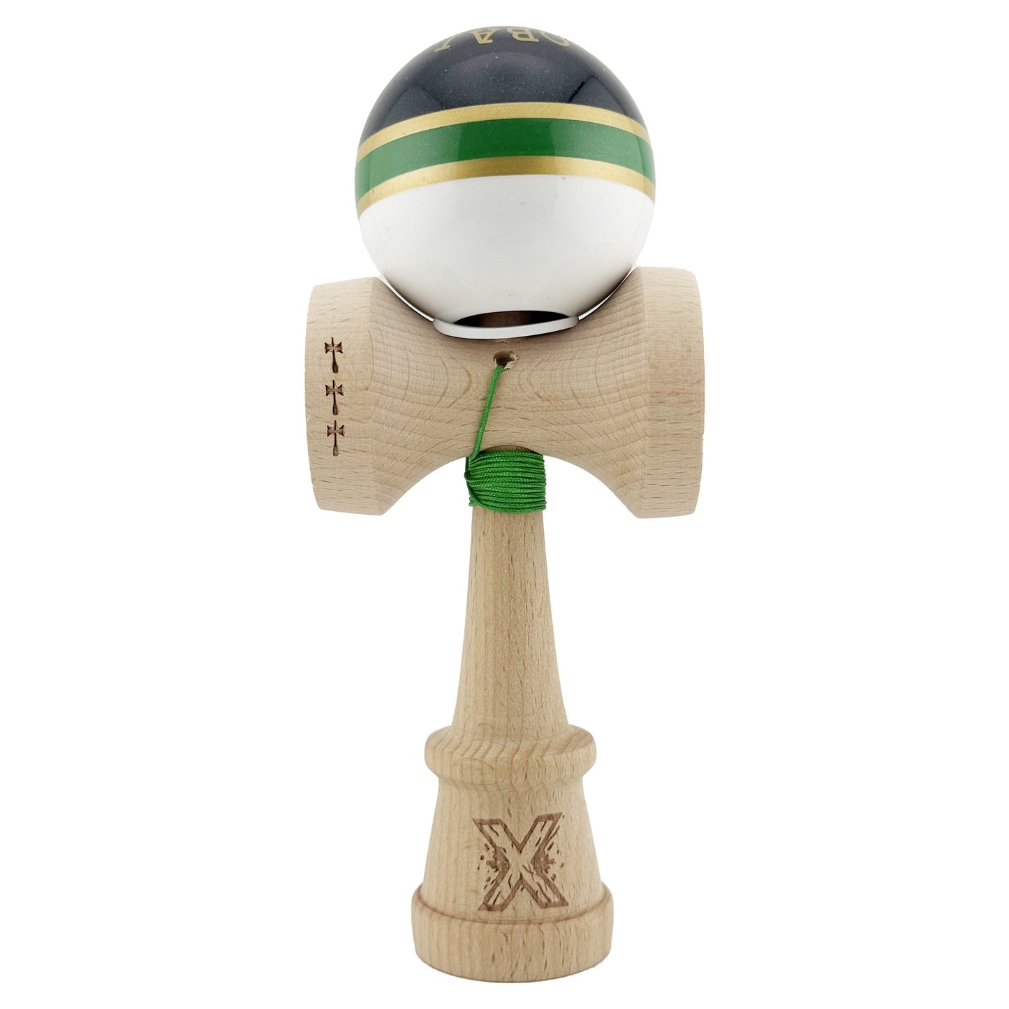 Kendama X Originala ROYAL SPIKE, Profesionala, Klevo, Cupe Mari KING SIZE V3, Super Sticky, Gaura in Baza, Rulment Metalic, din lemn 18 cm, Ata 62/65 cm, Inel Verde