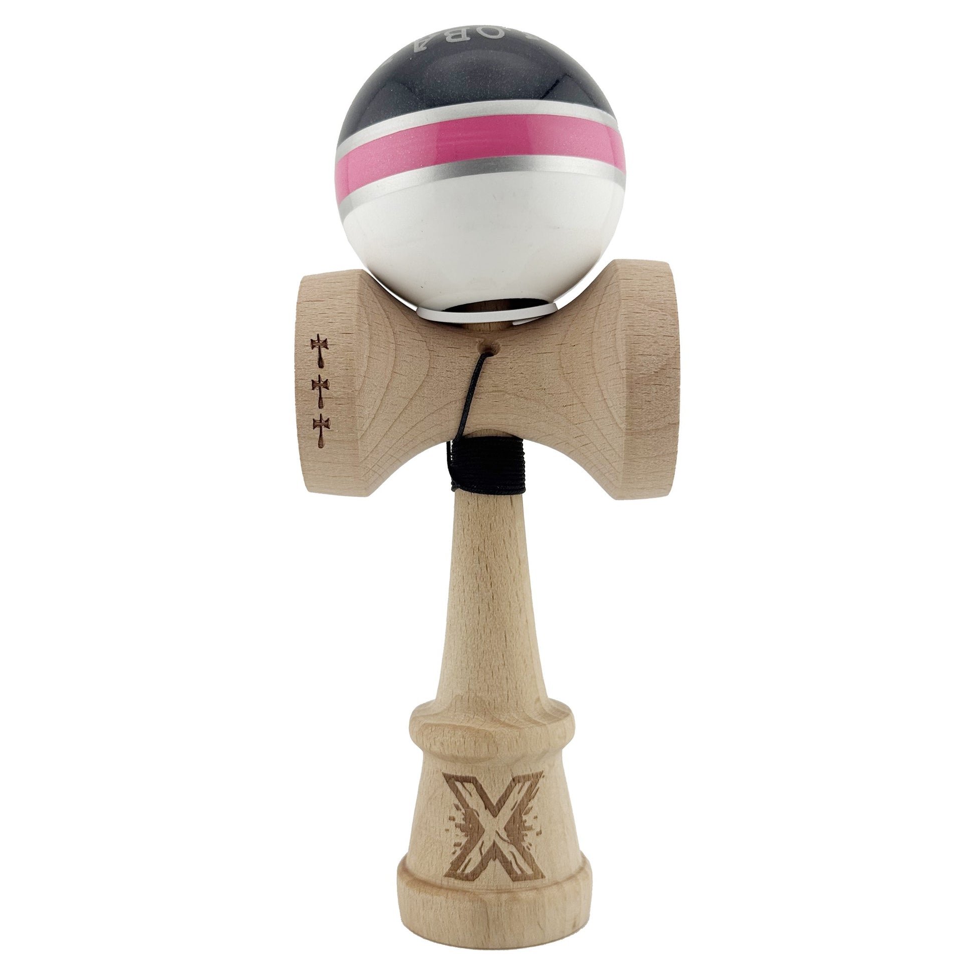 Kendama X Originala ROYAL SPIKE, Profesionala, Klevo, Cupe Mari KING SIZE V3, Super Sticky, Gaura in Baza, Rulment Metalic, din lemn 18 cm, Ata 62/65 cm, Inel Roz
