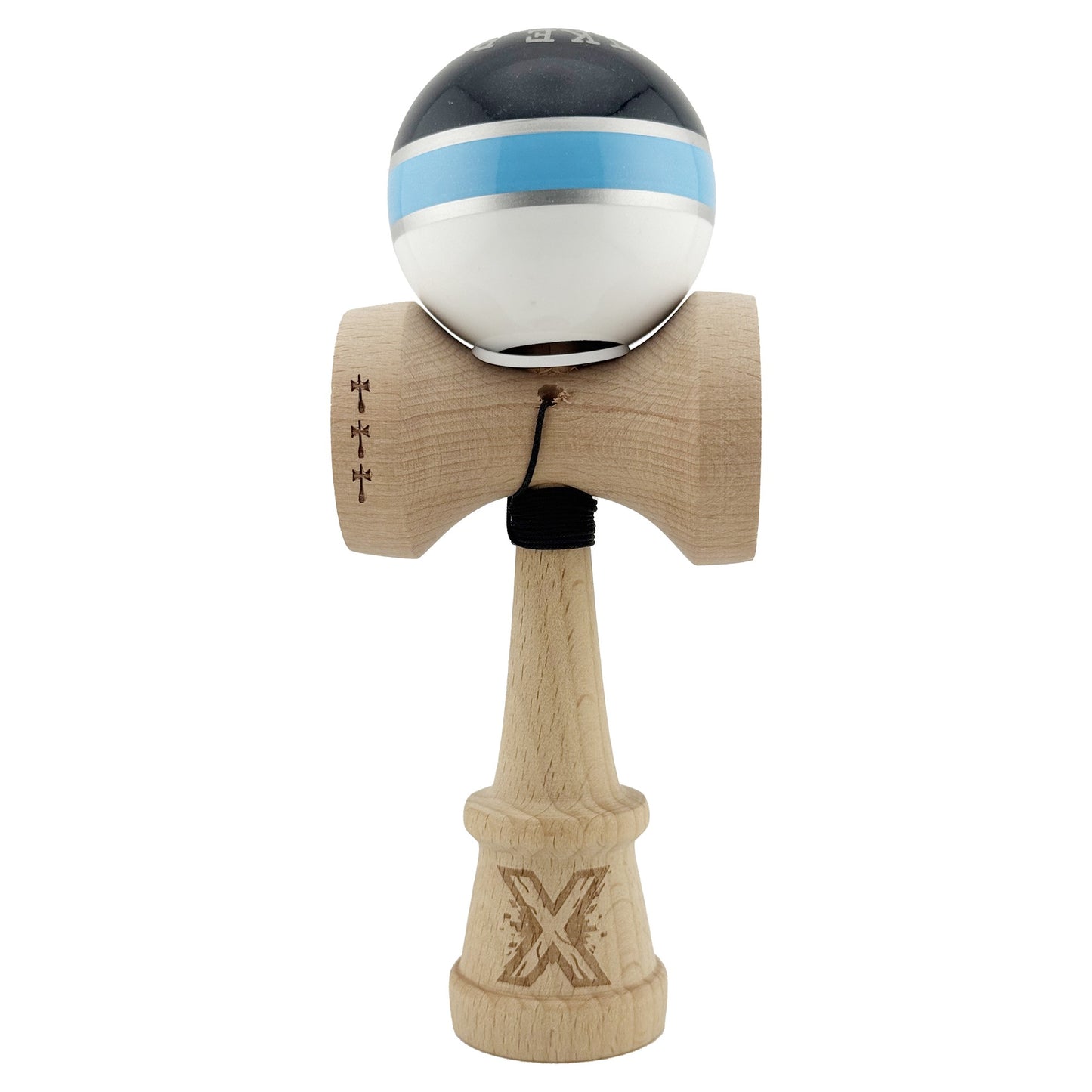 Kendama X Originala ROYAL SPIKE, Profesionala, Klevo, Cupe Mari KING SIZE V3, Super Sticky, Gaura in Baza, Rulment Metalic, din lemn 18 cm, Ata 62/65 cm, Inel Albastru deschis