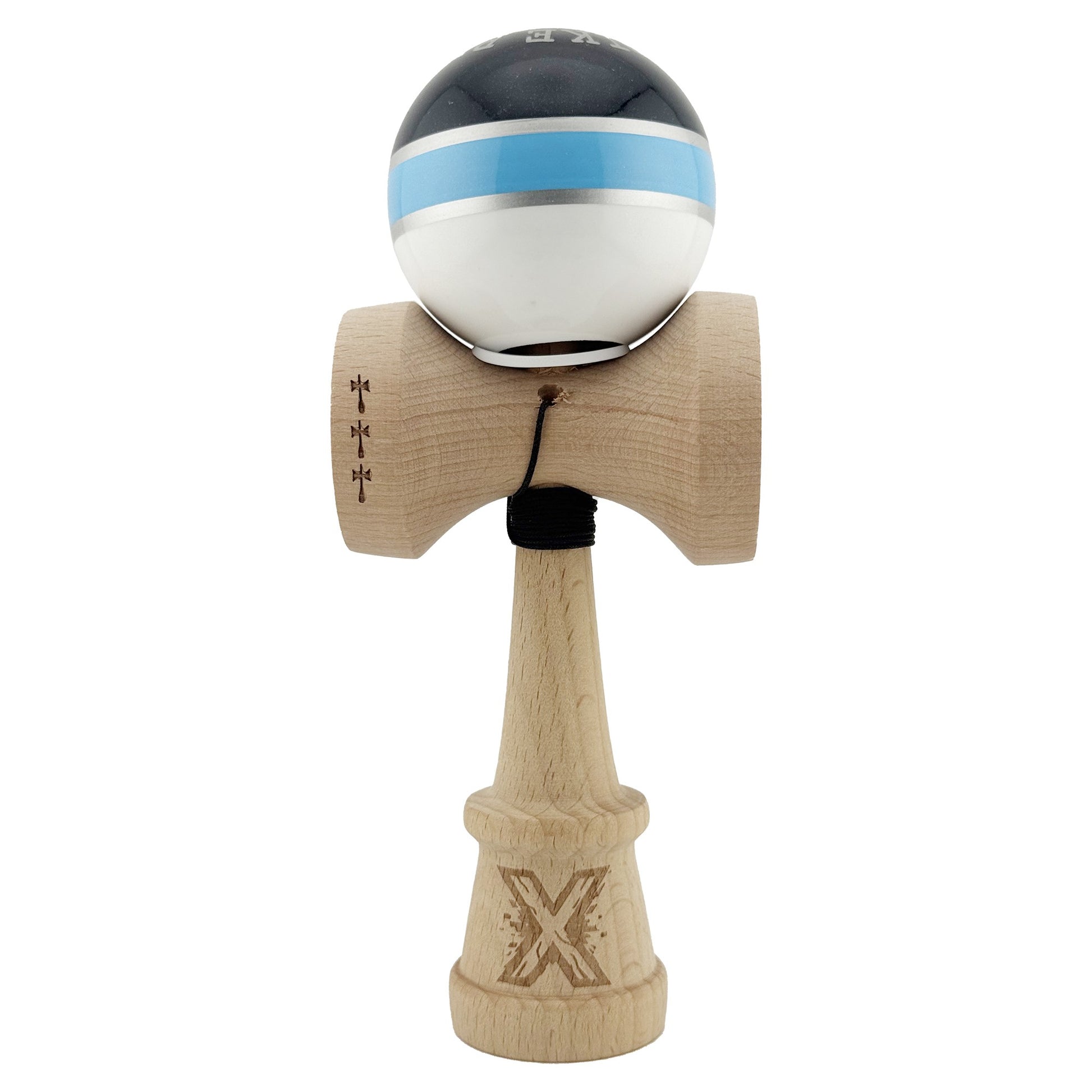 Kendama X Originala ROYAL SPIKE, Profesionala, Klevo, Cupe Mari KING SIZE V3, Super Sticky, Gaura in Baza, Rulment Metalic, din lemn 18 cm, Ata 62/65 cm, Inel Albastru deschis