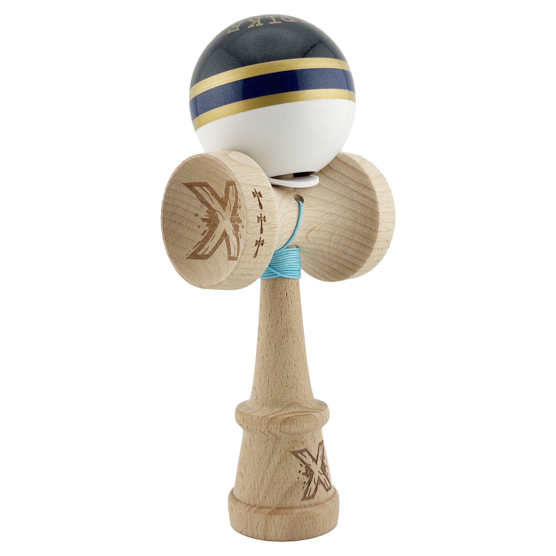 Kendama X Originala ROYAL SPIKE, Profesionala, Klevo, Cupe Mari KING SIZE V3, Super Sticky, Gaura in Baza, Rulment Metalic, din lemn 18 cm, Ata 62/65 cm, Inel Albastru inchis