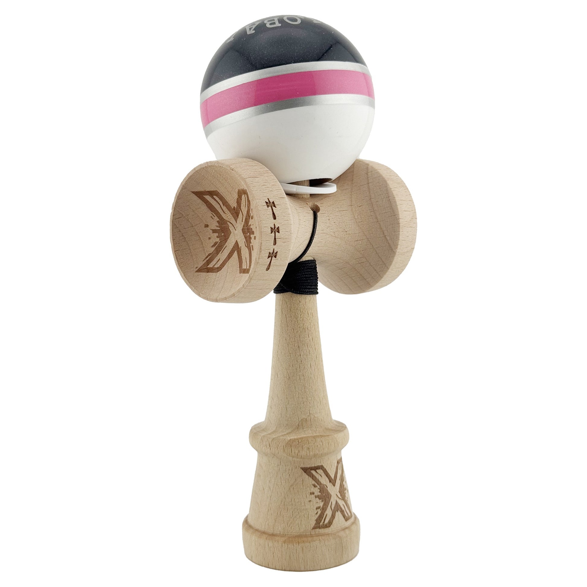 Kendama X Originala ROYAL SPIKE, Profesionala, Klevo, Cupe Mari KING SIZE V3, Super Sticky, Gaura in Baza, Rulment Metalic, din lemn 18 cm, Ata 62/65 cm, Inel Roz