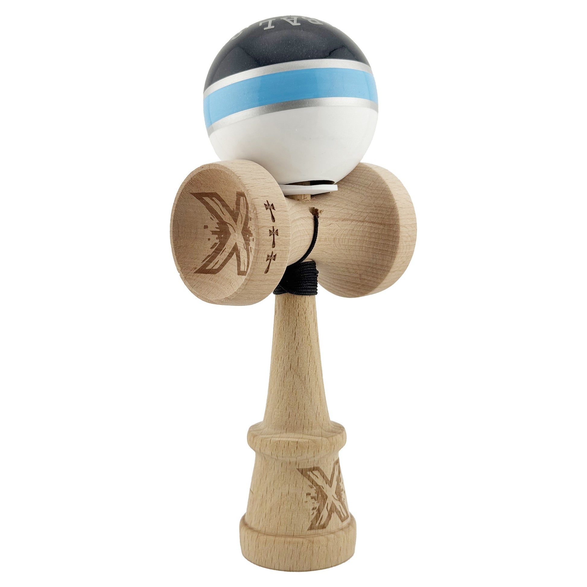 Kendama X Originala ROYAL SPIKE, Profesionala, Klevo, Cupe Mari KING SIZE V3, Super Sticky, Gaura in Baza, Rulment Metalic, din lemn 18 cm, Ata 62/65 cm, Inel Albastru deschis