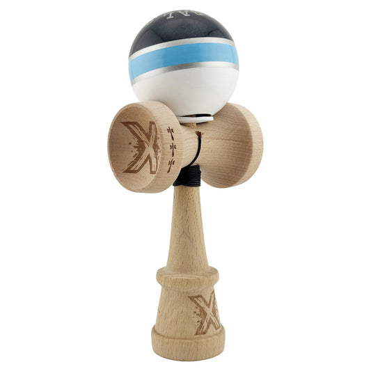Kendama X Originala ROYAL SPIKE, Profesionala, Klevo, Cupe Mari KING SIZE V3, Super Sticky, Gaura in Baza, Rulment Metalic, din lemn 18 cm, Ata 62/65 cm, Inel Albastru deschis