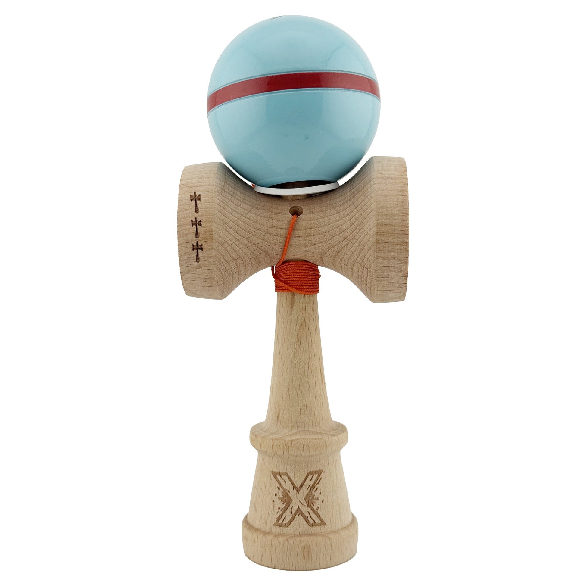 Kendama X Originala Silken, Profesionala, Klevo, Cupe Mari KING SIZE V3, Super Sticky, Gaura in Baza, Rulment Metalic, din lemn 18 cm, Ata 62/65 cm, Albastru deschis