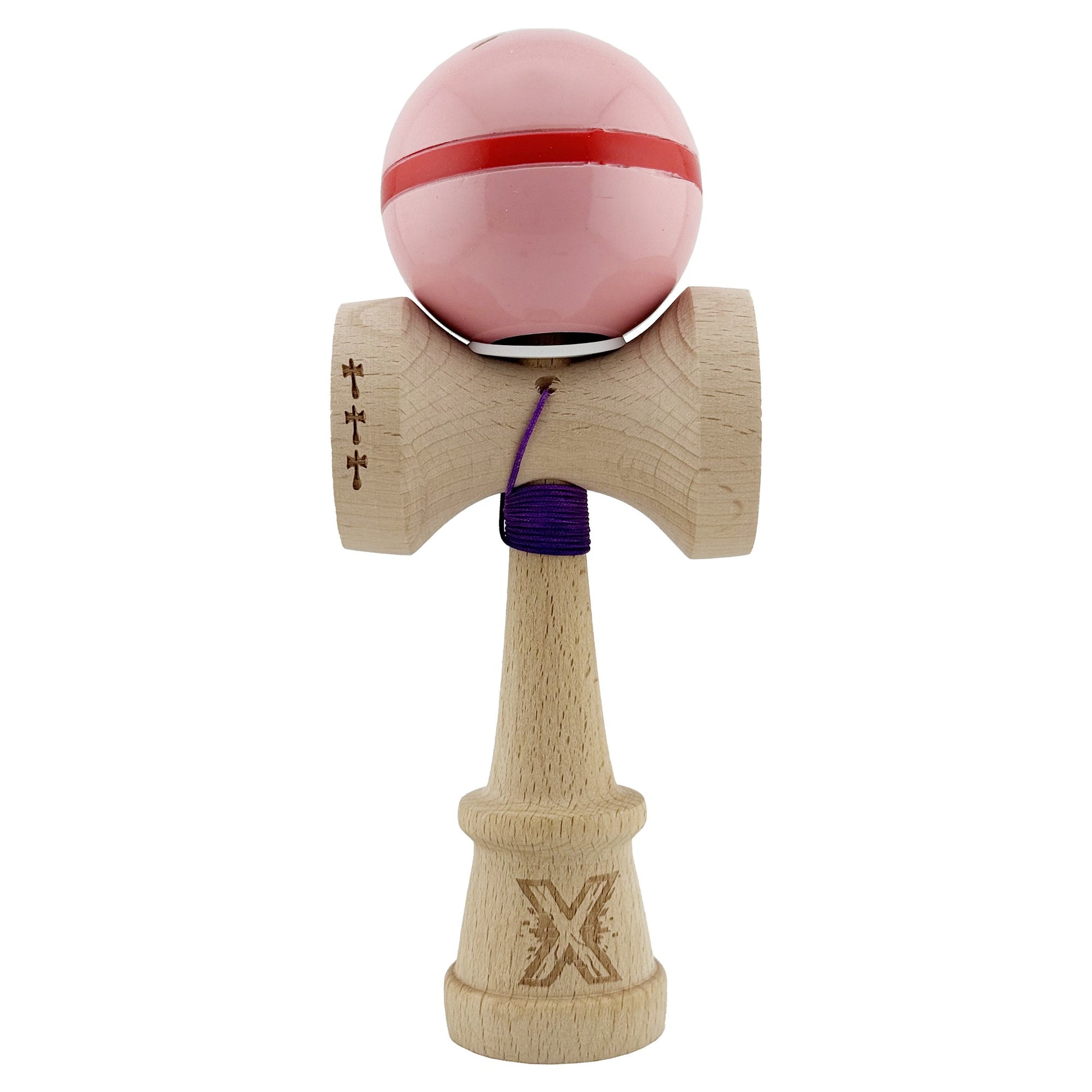 Kendama X Originala Silken, Profesionala, Klevo, Cupe Mari KING SIZE V3, Super Sticky, Gaura in Baza, Rulment Metalic, din lemn 18 cm, Ata 62/65 cm, Roz