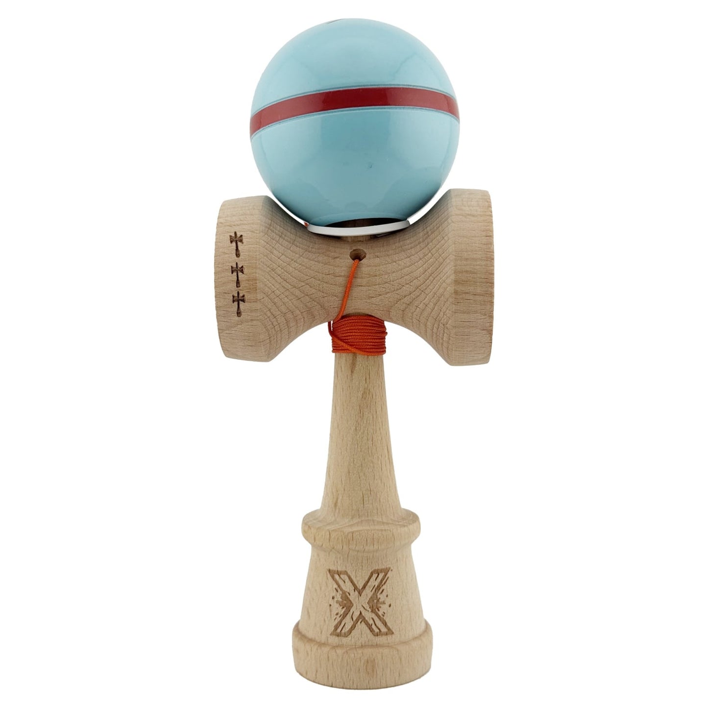 Kendama X Originala Silken, Profesionala, Klevo, Cupe Mari KING SIZE V3, Super Sticky, Gaura in Baza, Rulment Metalic, din lemn 18 cm, Ata 55 cm, Albastru deschis