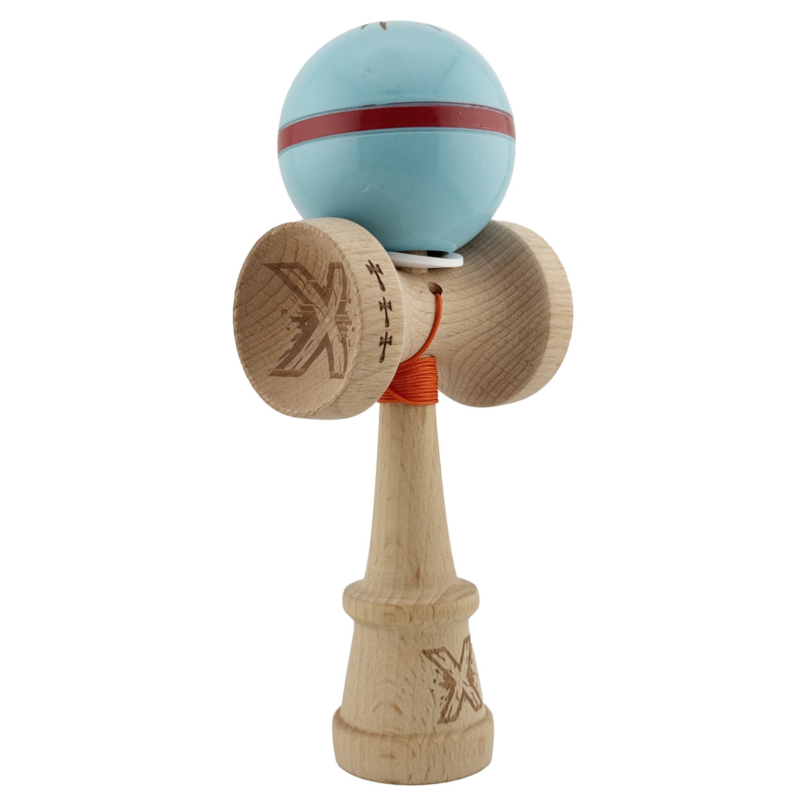 Kendama X Originala Silken, Profesionala, Klevo, Cupe Mari KING SIZE V3, Super Sticky, Gaura in Baza, Rulment Metalic, din lemn 18 cm, Ata 55 cm, Albastru deschis