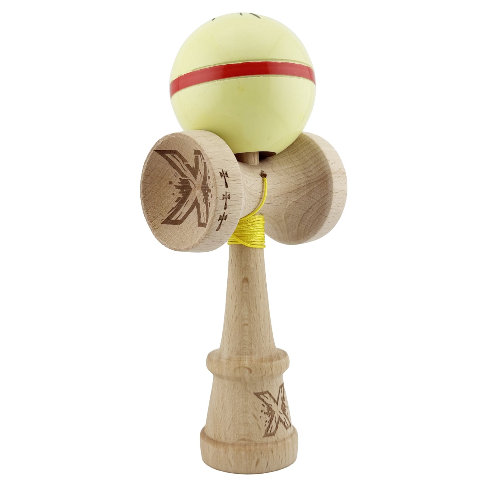 Kendama X Originala Silken, Profesionala, Klevo, Cupe Mari KING SIZE V3, Super Sticky, Gaura in Baza, Rulment Metalic, din lemn 18 cm, Ata 55 cm, Cream Galben