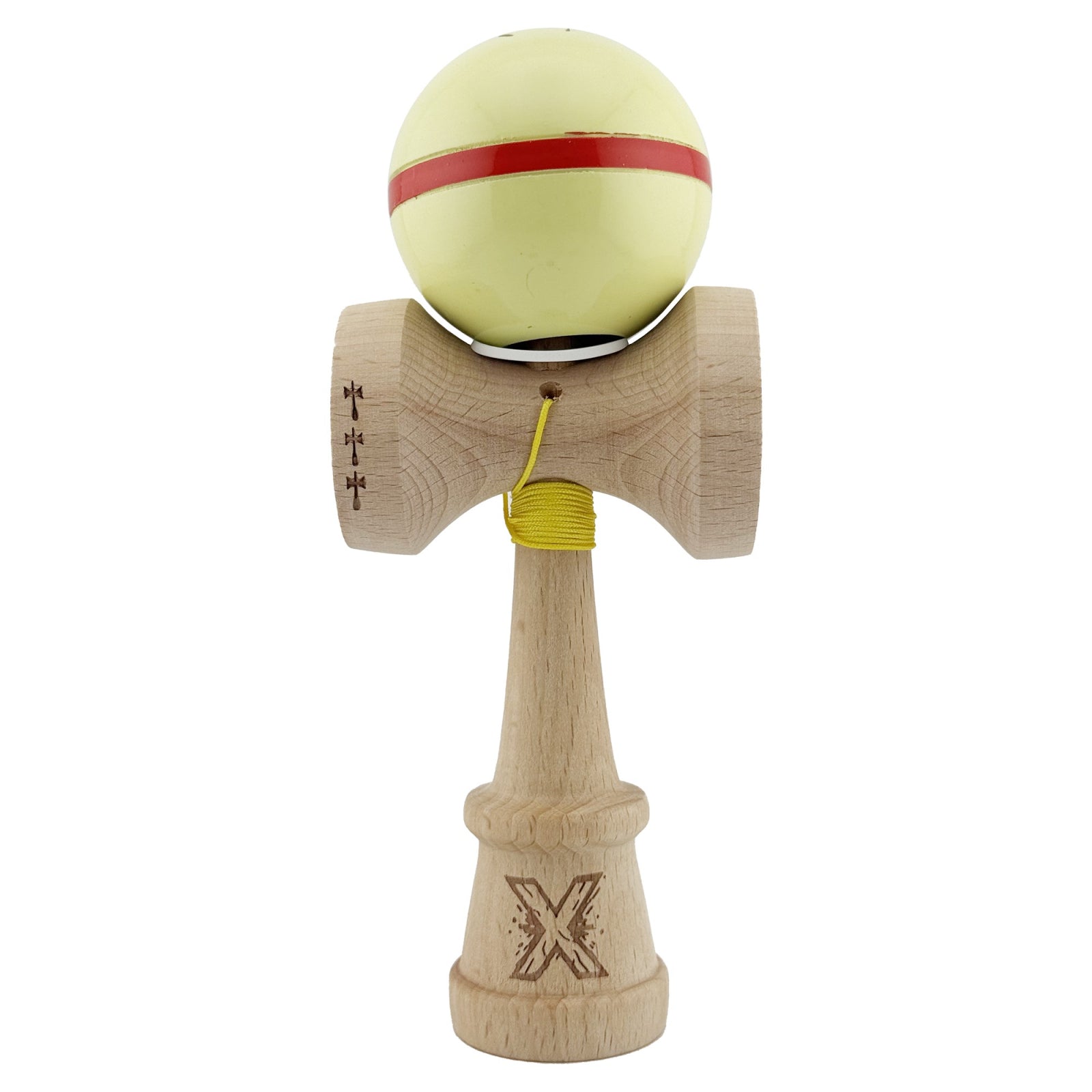 Kendama X Originala Silken, Profesionala, Klevo, Cupe Mari KING SIZE V3, Super Sticky, Gaura in Baza, Rulment Metalic, din lemn 18 cm, Ata 55 cm, Cream Galben