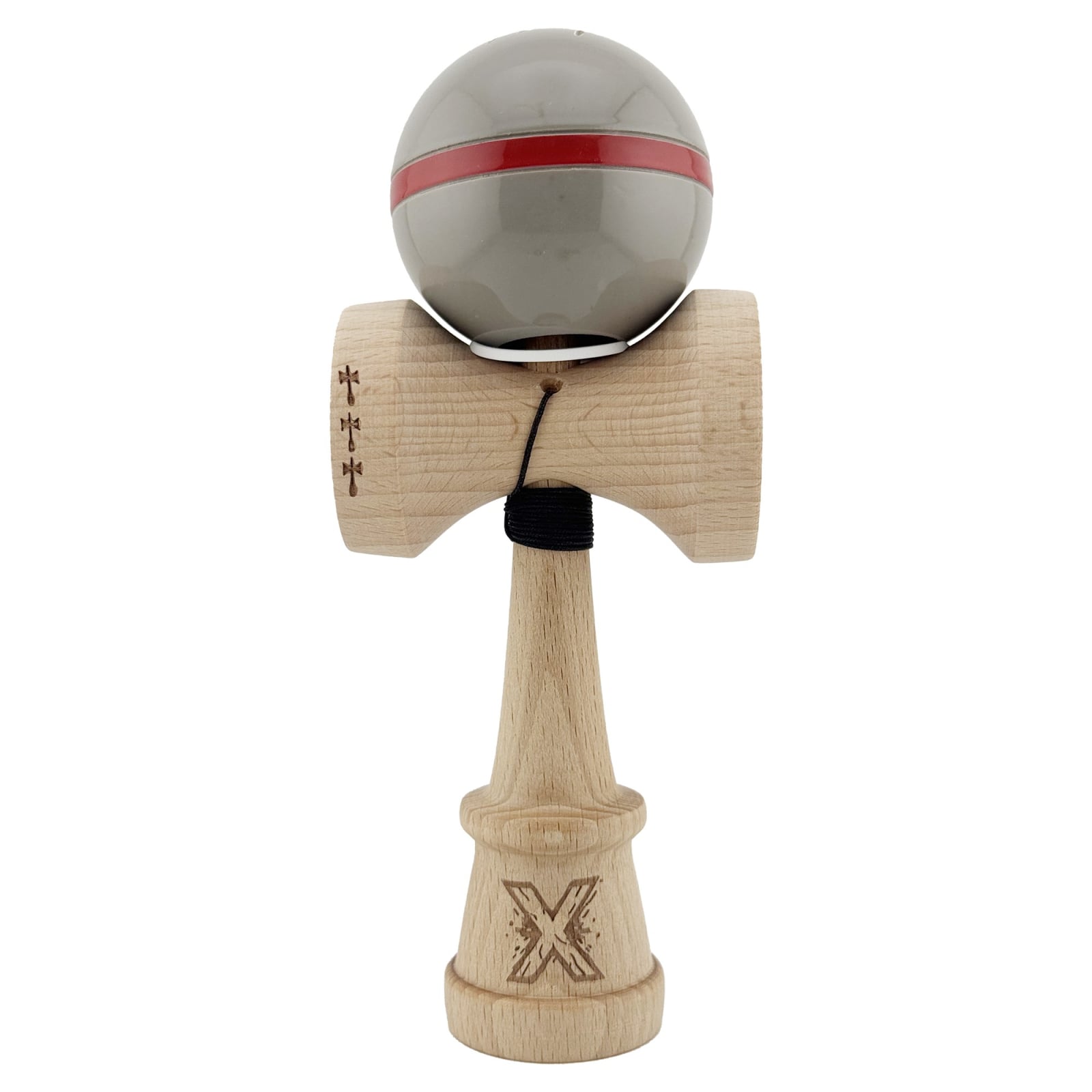 Kendama X Originala Silken, Profesionala, Klevo, Cupe Mari KING SIZE V3, Super Sticky, Gaura in Baza, Rulment Metalic, din lemn 18 cm, Ata 55 cm, Ice Gri