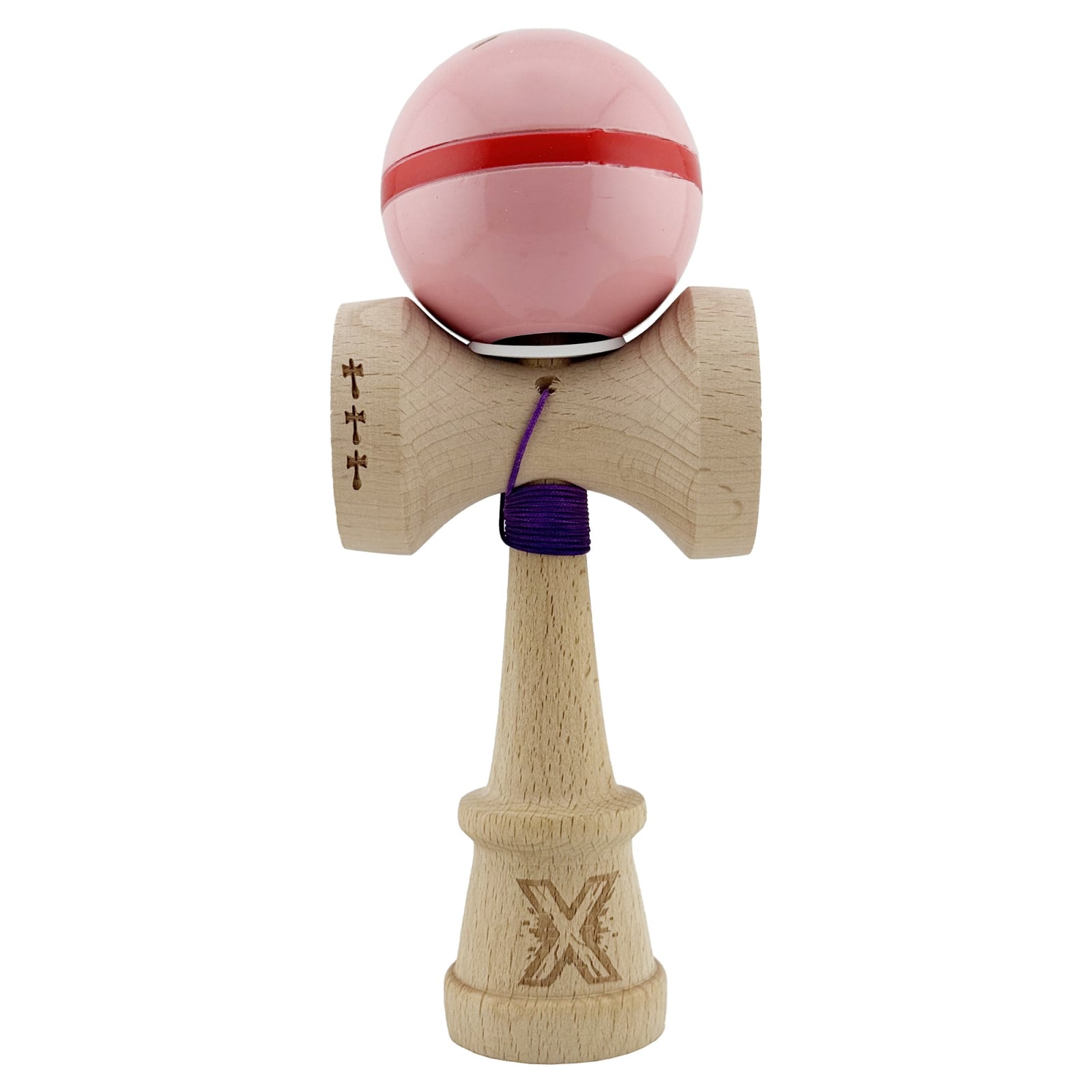 Kendama X Originala Silken, Profesionala, Klevo, Cupe Mari KING SIZE V3, Super Sticky, Gaura in Baza, Rulment Metalic, din lemn 18 cm, Ata 55 cm, Roz