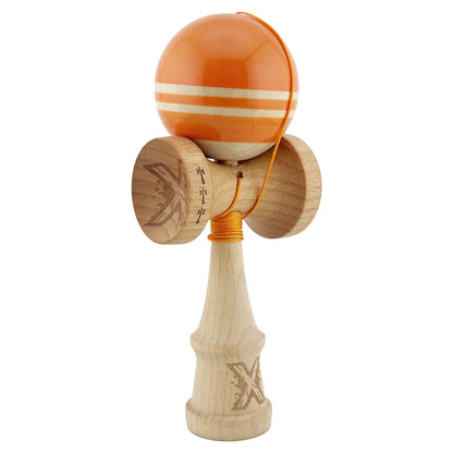 Kendama X Rainbow Originala, Profesionala, Klevo, Big Cups V2, Super Sticky cu Cupe Mari, Rulment Metalic, din lemn 18 cm, Ata 55 cm, Portocaliu/Maro