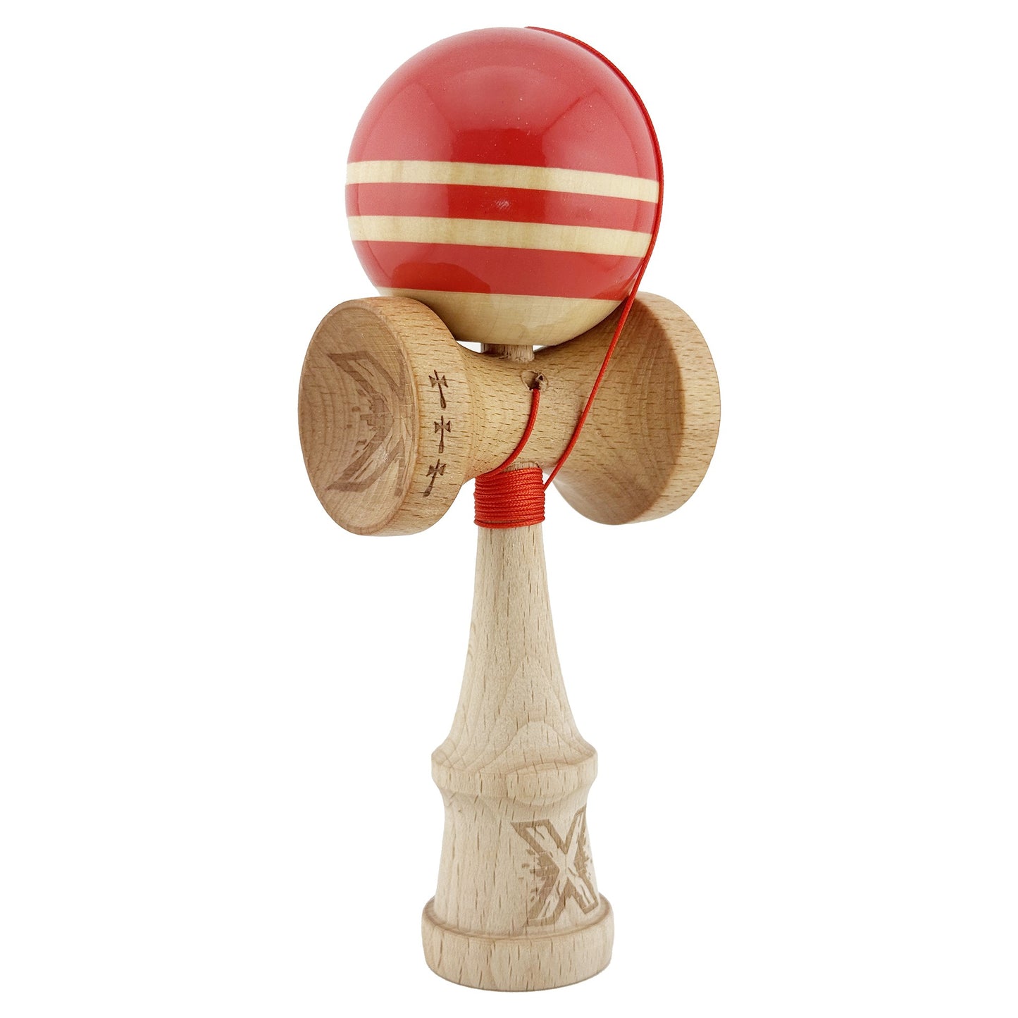 Kendama X Rainbow Originala, Profesionala, Klevo, Big Cups V2, Super Sticky cu Cupe Mari, Rulment Metalic, din lemn 18 cm, Ata 55 cm, Rosu/Maro