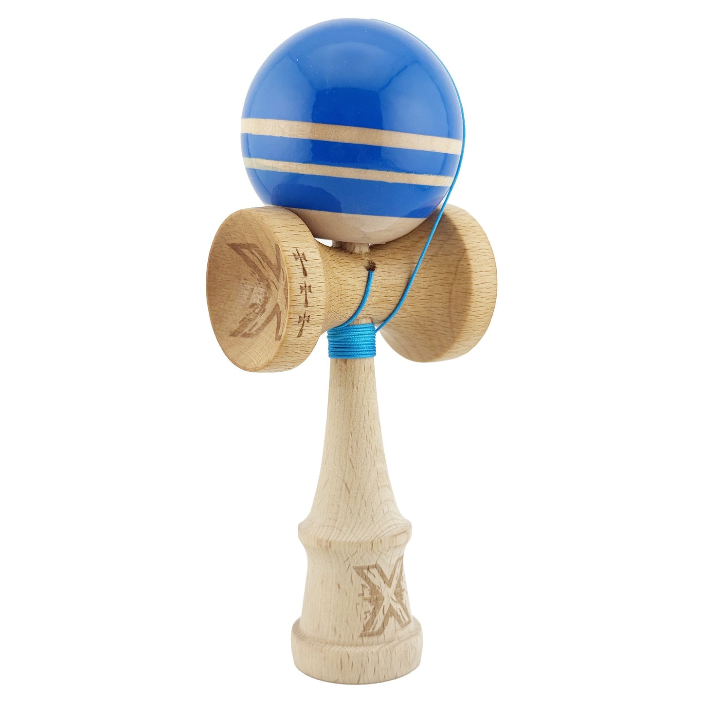 Kendama X Rainbow Originala, Profesionala, Klevo, Big Cups V2, Super Sticky cu Cupe Mari, Rulment Metalic, din lemn 18 cm, Ata 55 cm, Albastru/Maro