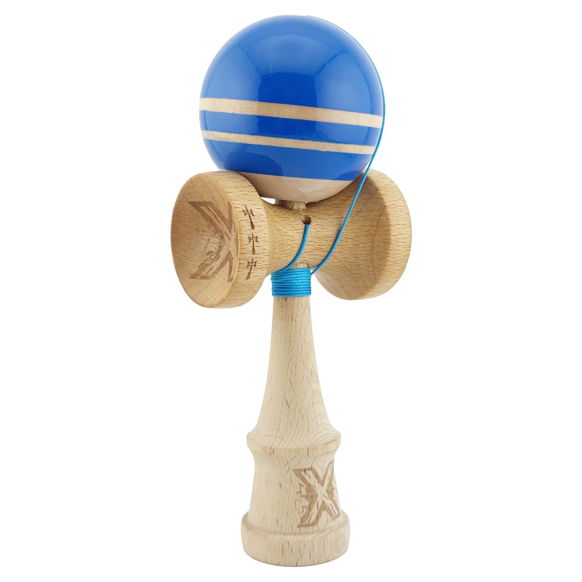 Kendama X Rainbow Originala, Profesionala, Klevo, Big Cups V2, Super Sticky cu Cupe Mari, Rulment Metalic, din lemn 18 cm, Ata 55 cm, Albastru/Maro