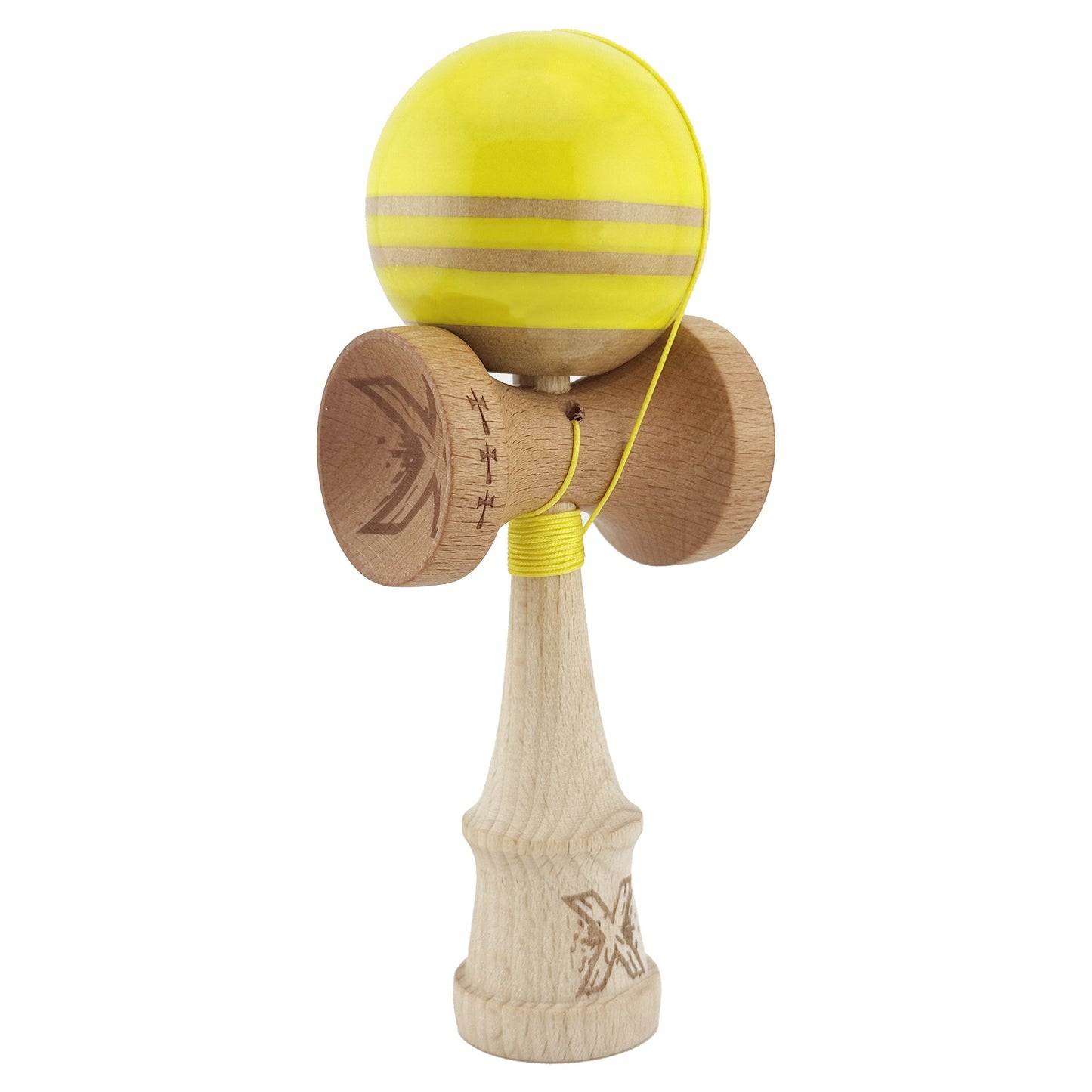 Kendama X Rainbow Originala, Profesionala, Klevo, Big Cups V2, Super Sticky cu Cupe Mari, Rulment Metalic, din lemn 18 cm, Ata 55 cm, Galben/Maro