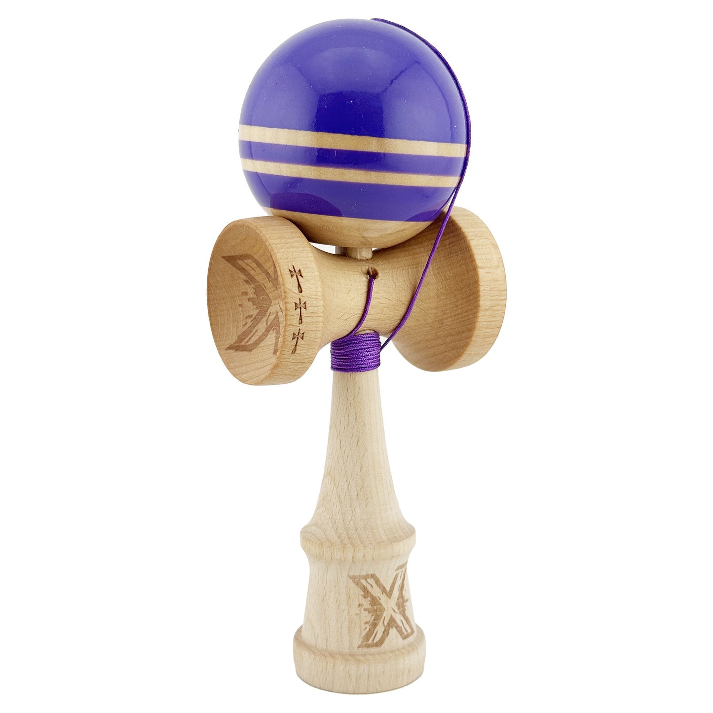 Kendama X Rainbow Originala, Profesionala, Klevo, Big Cups V2, Super Sticky cu Cupe Mari, Rulment Metalic, din lemn 18 cm, Ata 55 cm, Indigo/Maro