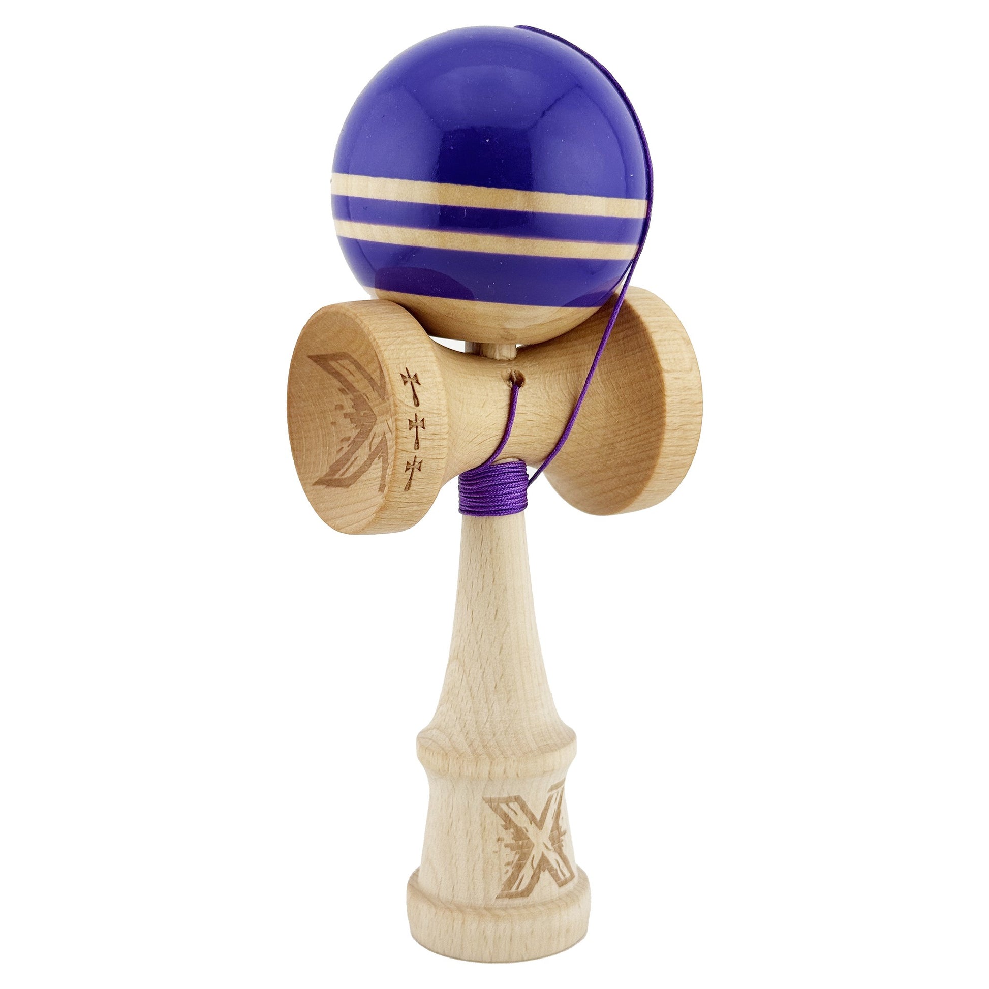 Kendama X Rainbow Originala, Profesionala, Klevo, Big Cups V2, Super Sticky cu Cupe Mari, Rulment Metalic, din lemn 18 cm, Ata 55 cm, Violet/Maro
