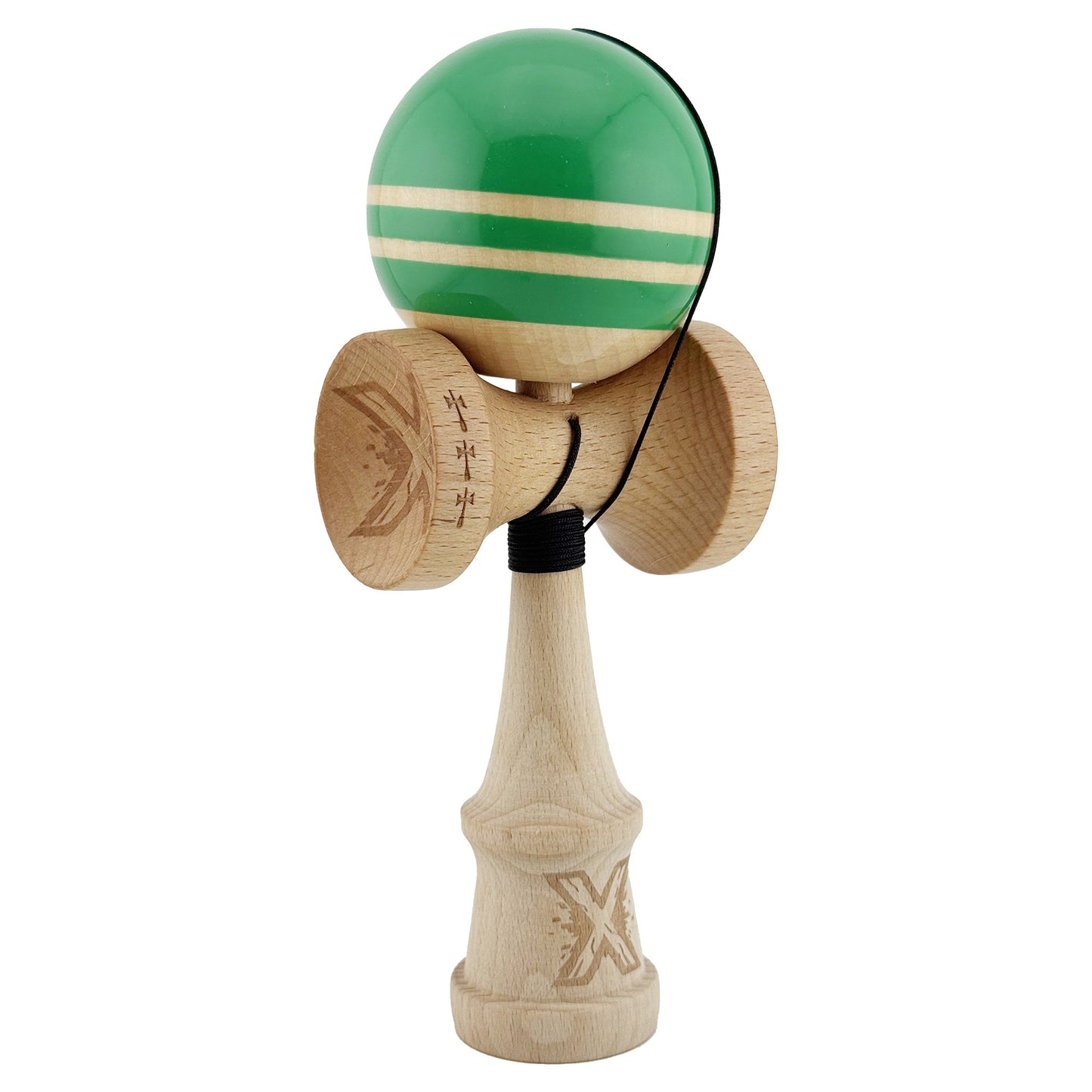 Kendama X Rainbow Originala, Profesionala, Klevo, Big Cups V2, Super Sticky cu Cupe Mari, Rulment Metalic, din lemn 18 cm, Ata 55 cm, Verde/Maro