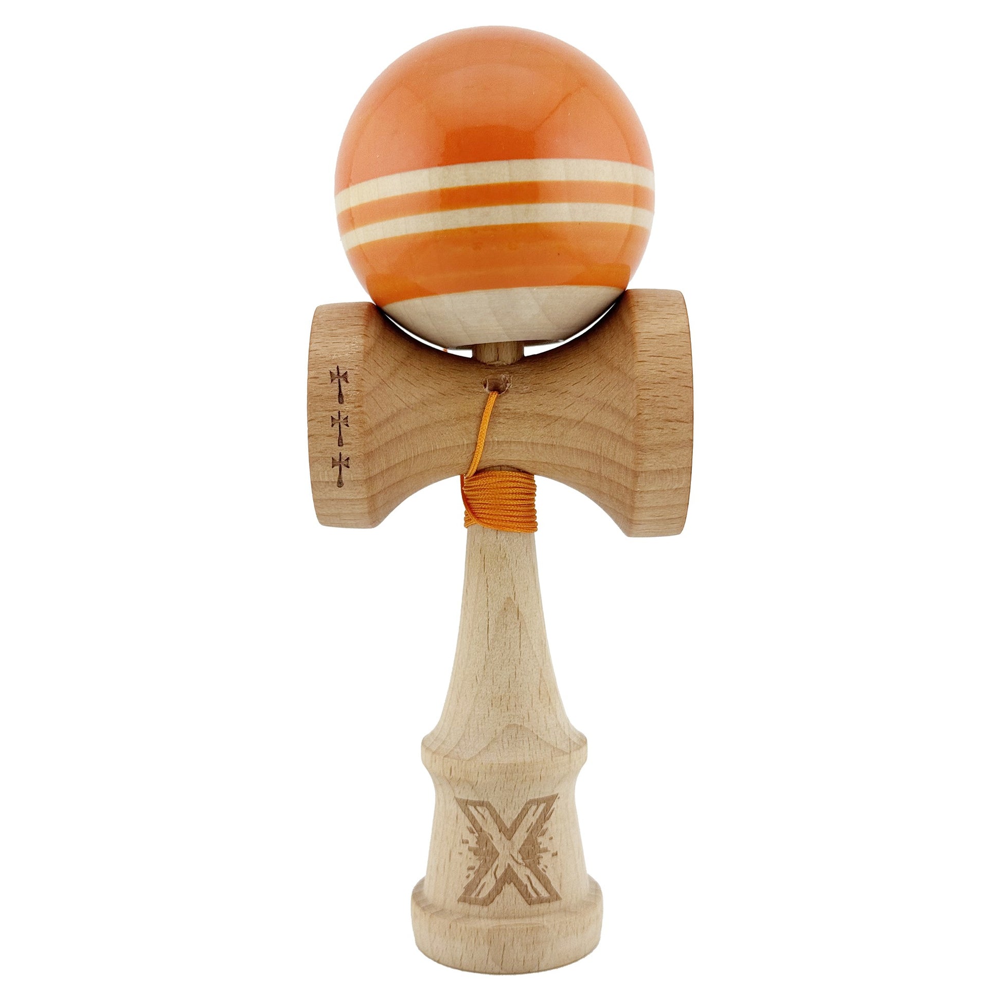 Kendama X Rainbow Originala, Profesionala, Klevo, Big Cups V2, Super Sticky cu Cupe Mari, Rulment Metalic, din lemn 18 cm, Ata 55 cm, Portocaliu/Maro