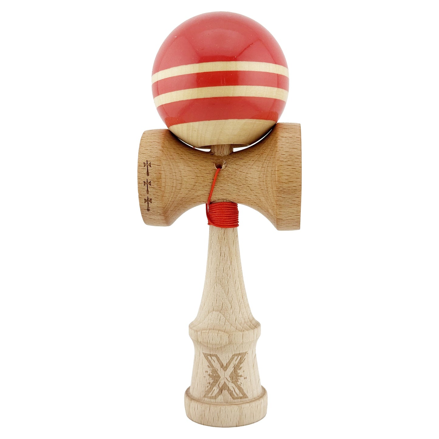 Kendama X Rainbow Originala, Profesionala, Klevo, Big Cups V2, Super Sticky cu Cupe Mari, Rulment Metalic, din lemn 18 cm, Ata 55 cm, Rosu/Maro