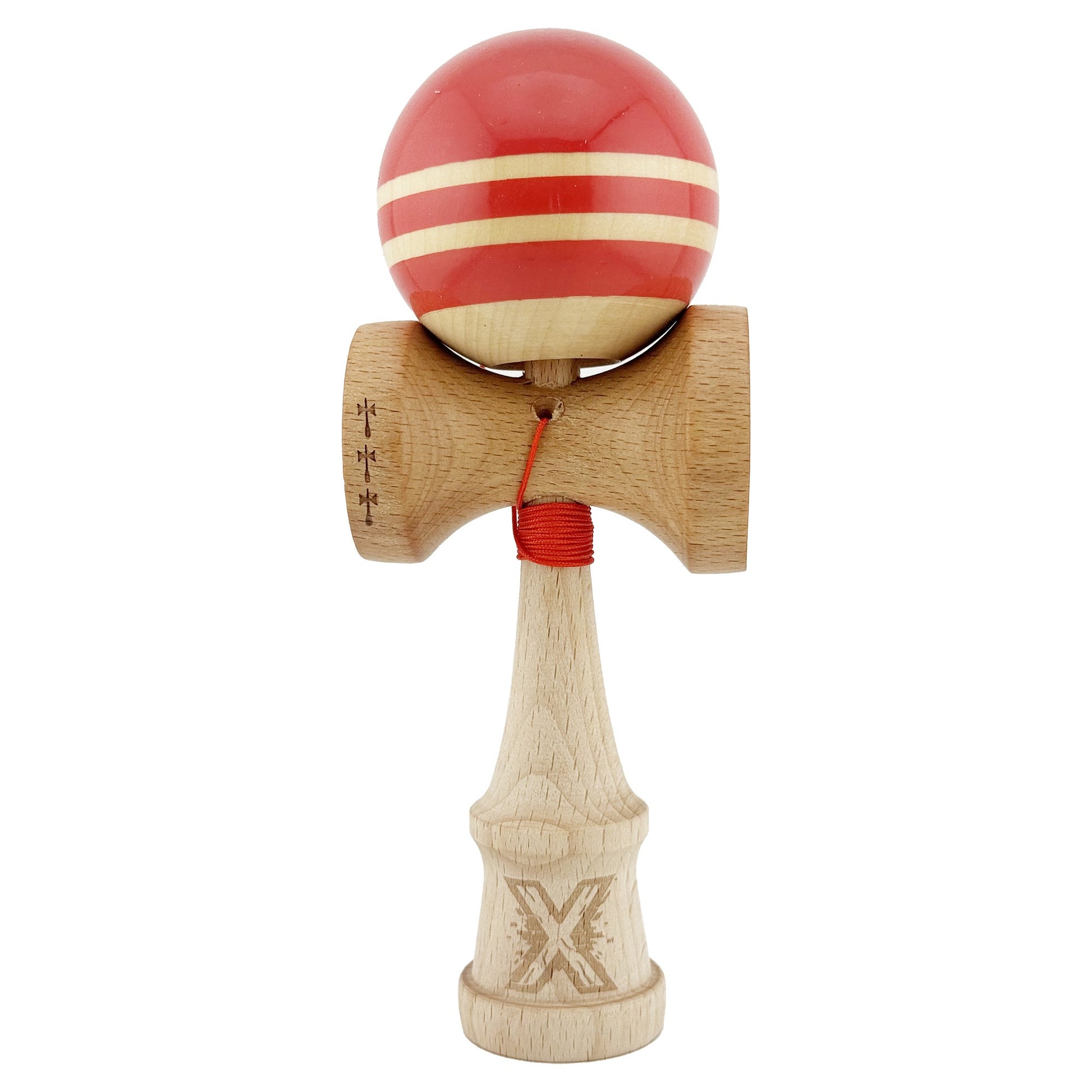 Kendama X Rainbow Originala, Profesionala, Klevo, Big Cups V2, Super Sticky cu Cupe Mari, Rulment Metalic, din lemn 18 cm, Ata 55 cm, Rosu/Maro