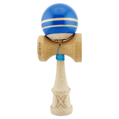 Kendama X Rainbow Originala, Profesionala, Klevo, Big Cups V2, Super Sticky cu Cupe Mari, Rulment Metalic, din lemn 18 cm, Ata 55 cm, Albastru/Maro